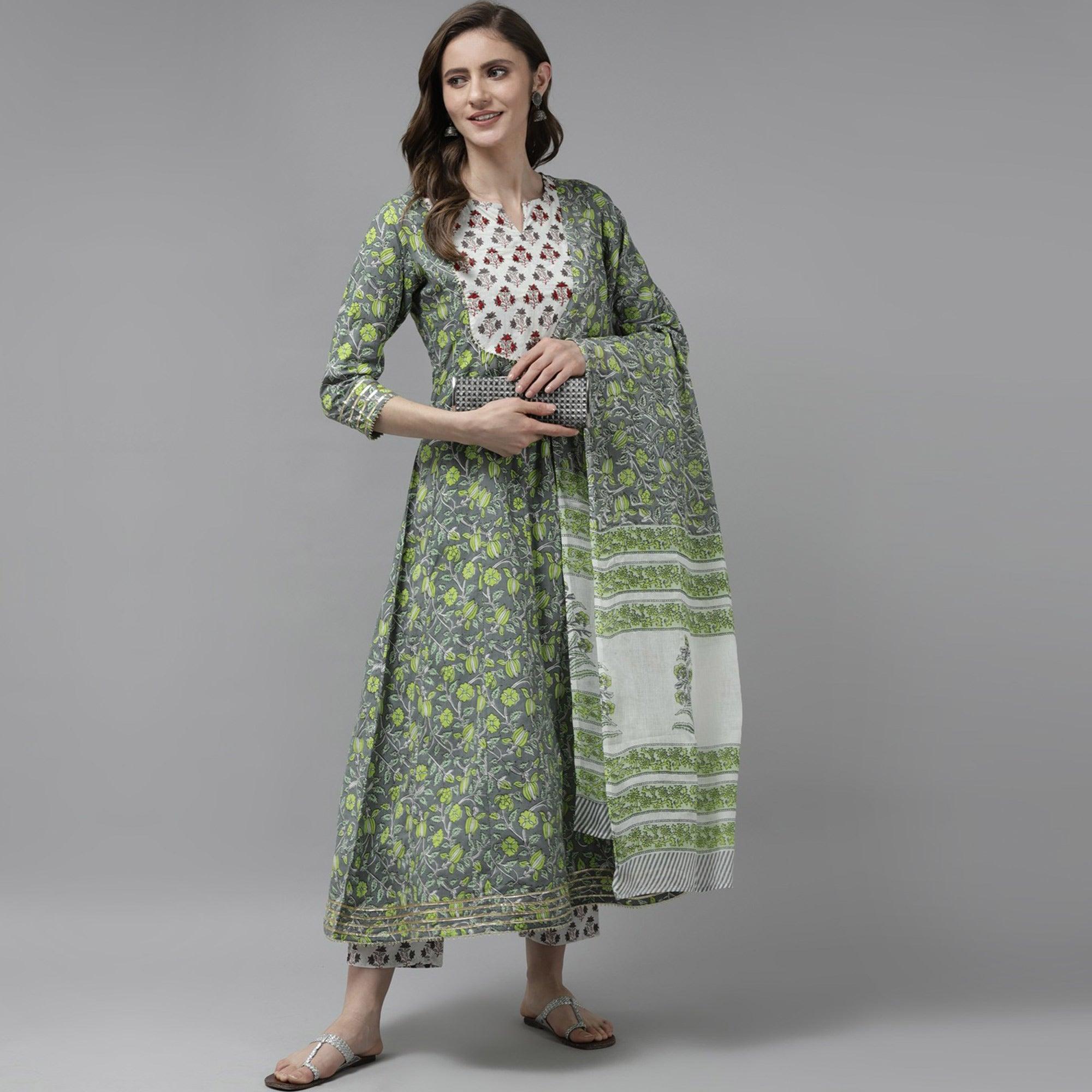 Grey-Green Floral Printed Pure Cotton Anarkali Suit - Peachmode