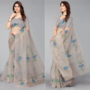 Grey Hand Printed Organza Saree - Peachmode