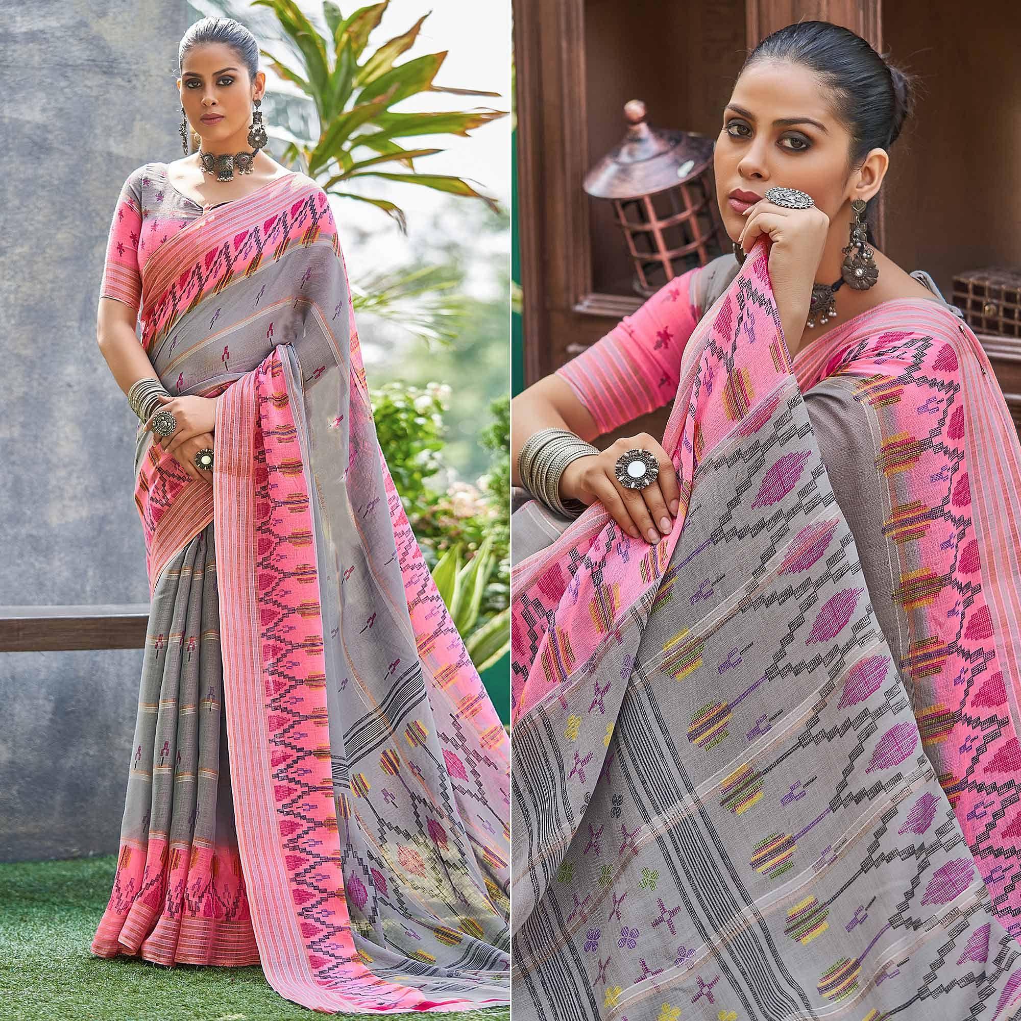 Grey Ikkat Printed Linen Saree - Peachmode