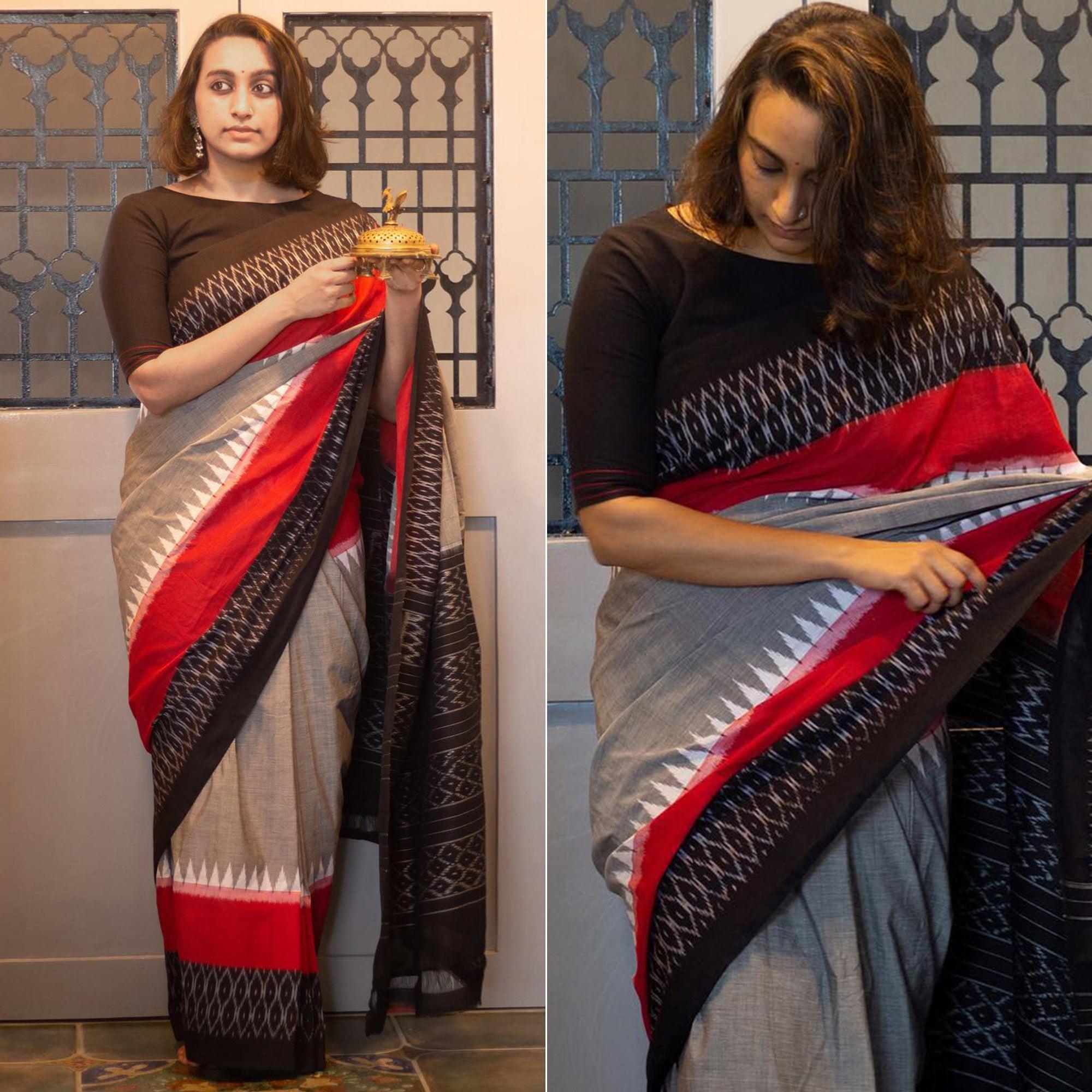 Grey Ikkat Printed Linen Saree - Peachmode