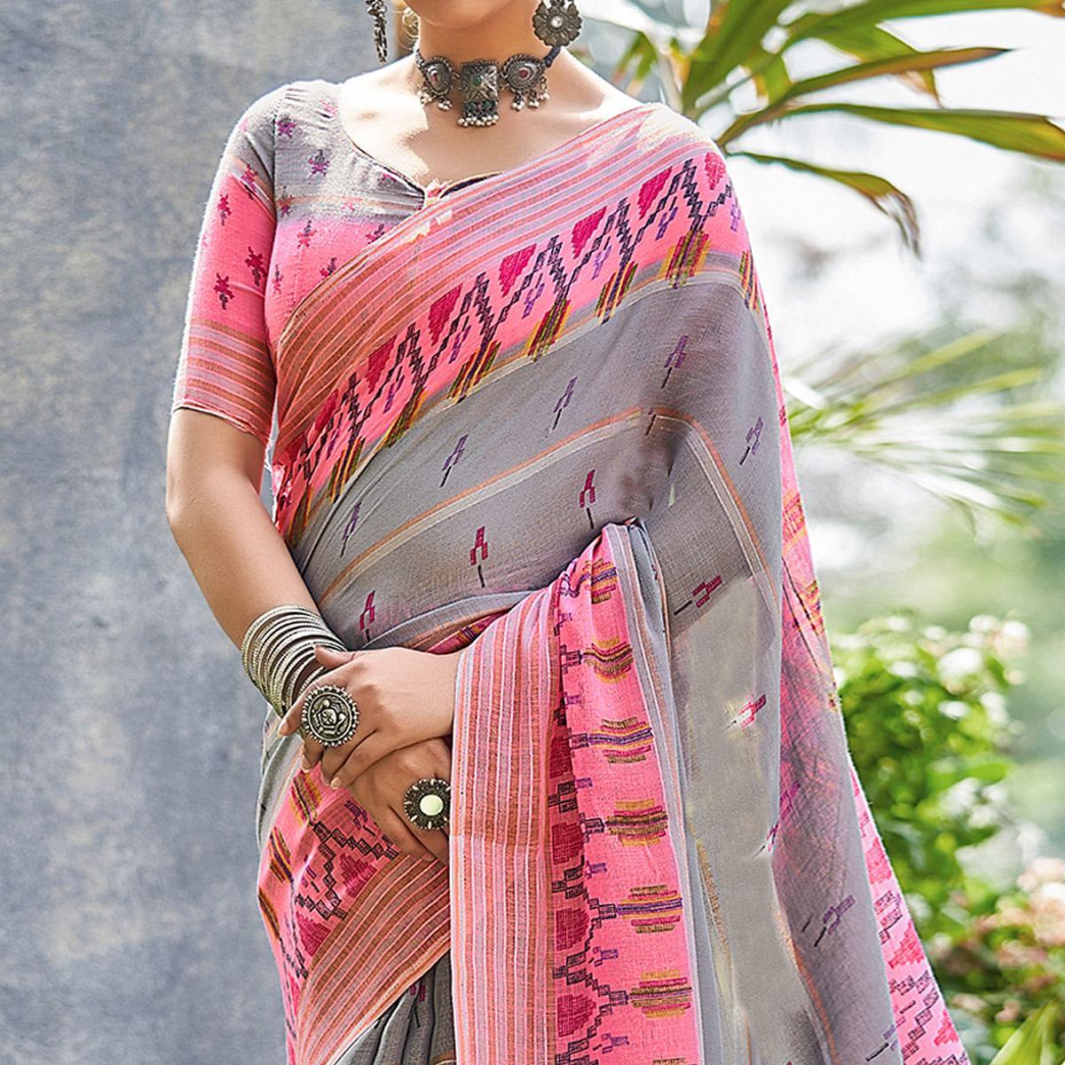 Grey Ikkat Printed Linen Saree - Peachmode