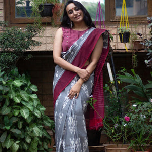 Grey Ikkat Printed Linen Saree - Peachmode