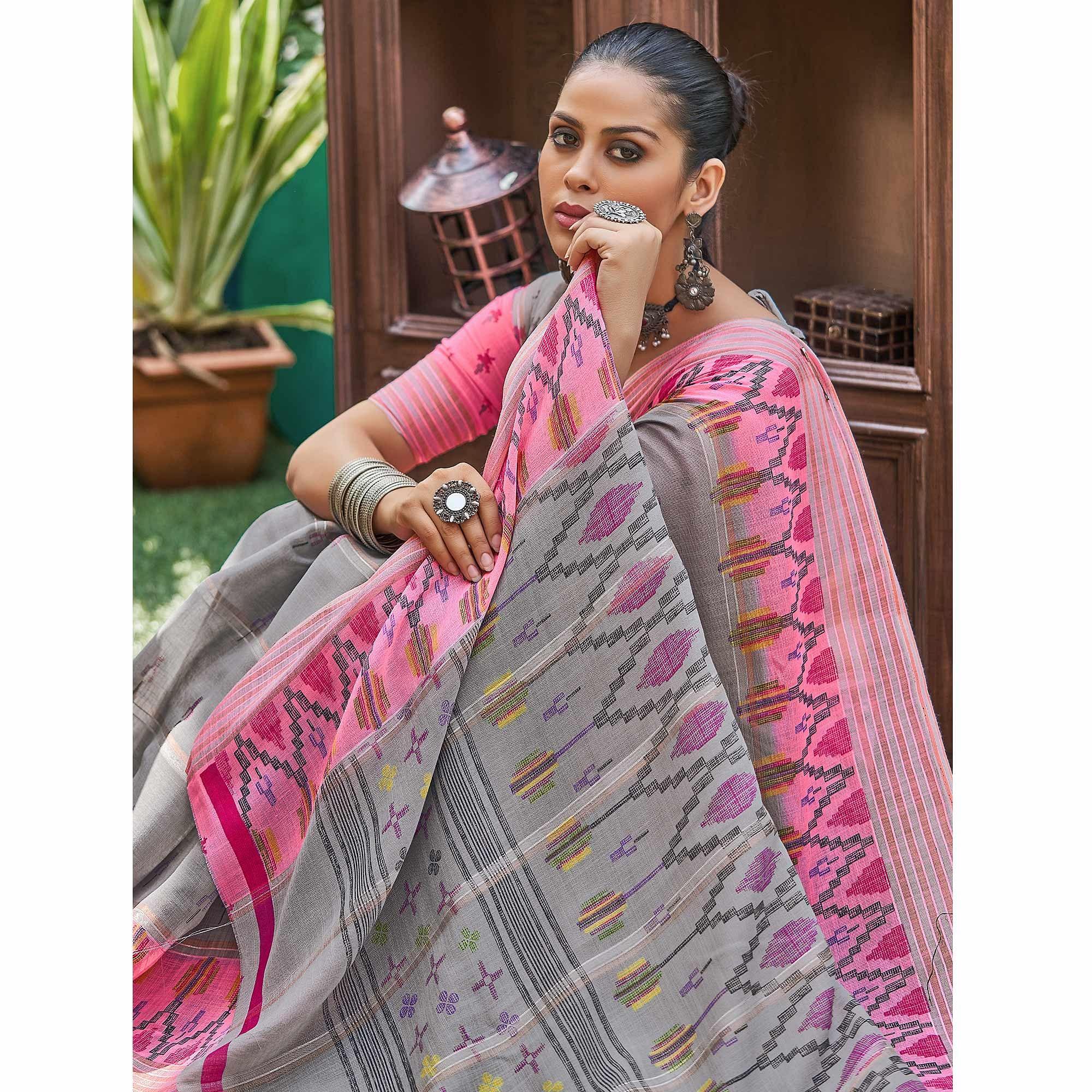 Grey Ikkat Printed Linen Saree - Peachmode