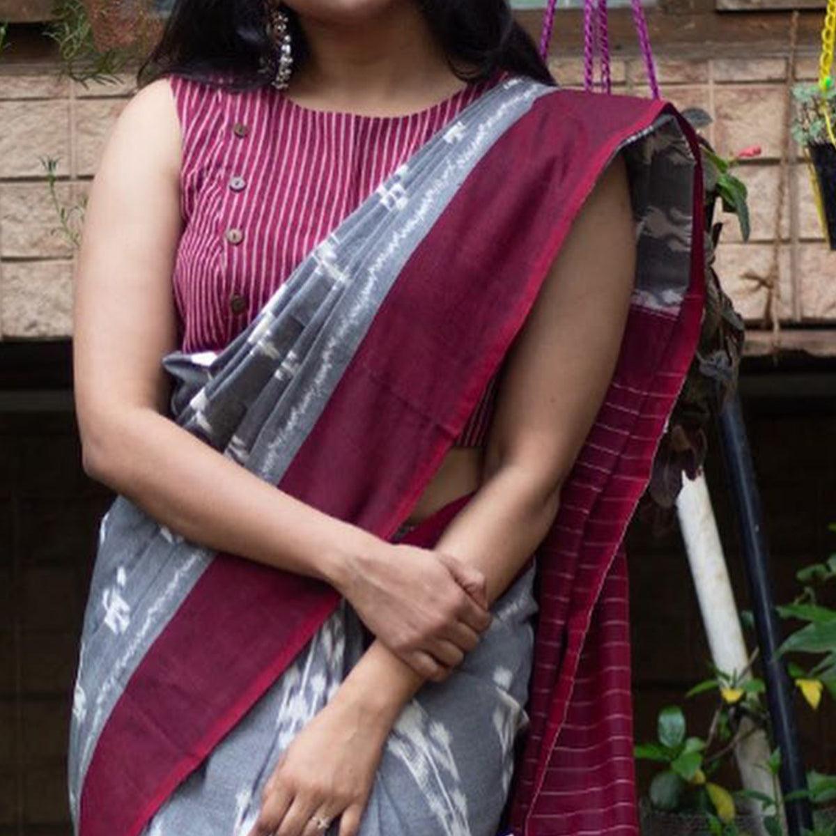 Grey Ikkat Printed Linen Saree - Peachmode