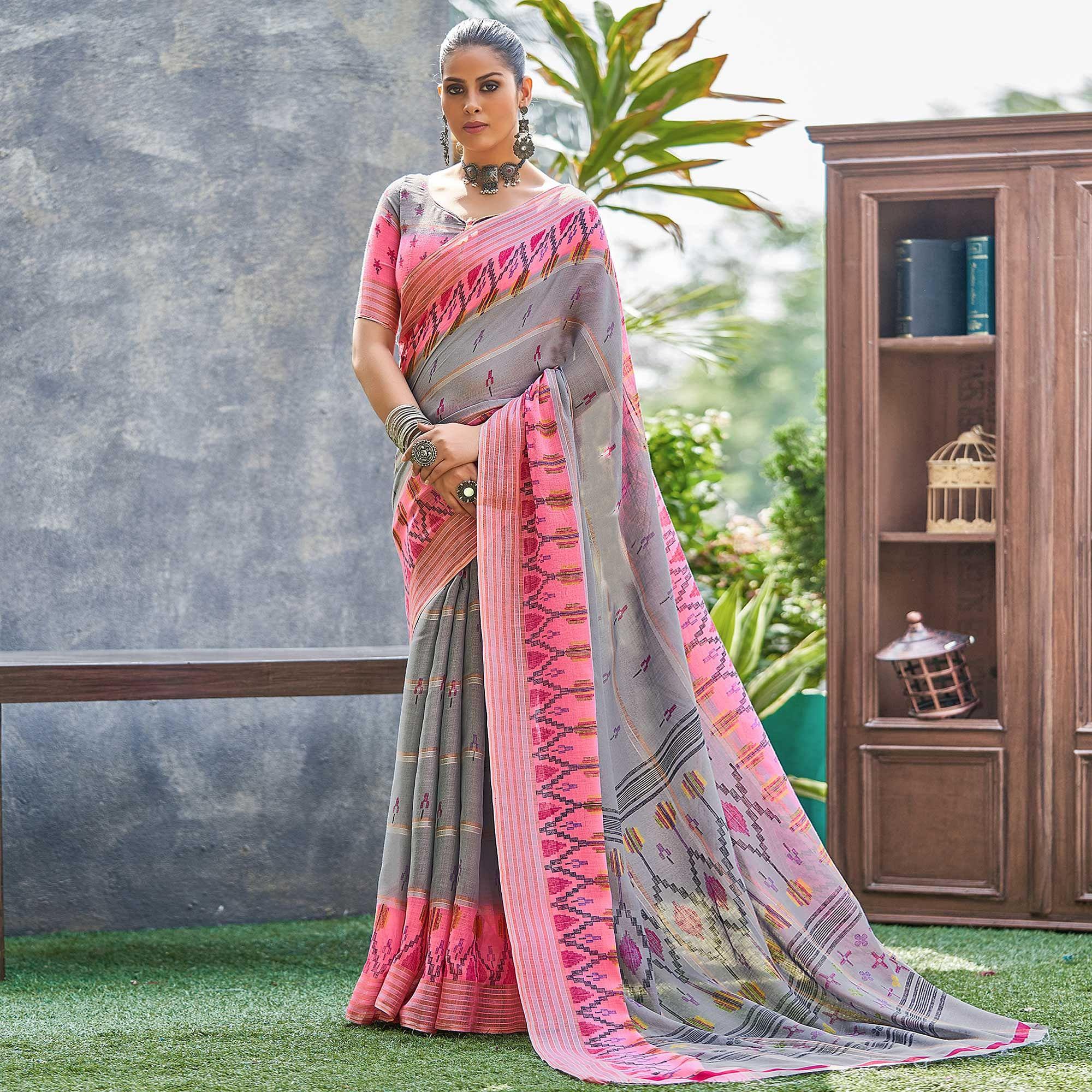 Grey Ikkat Printed Linen Saree - Peachmode