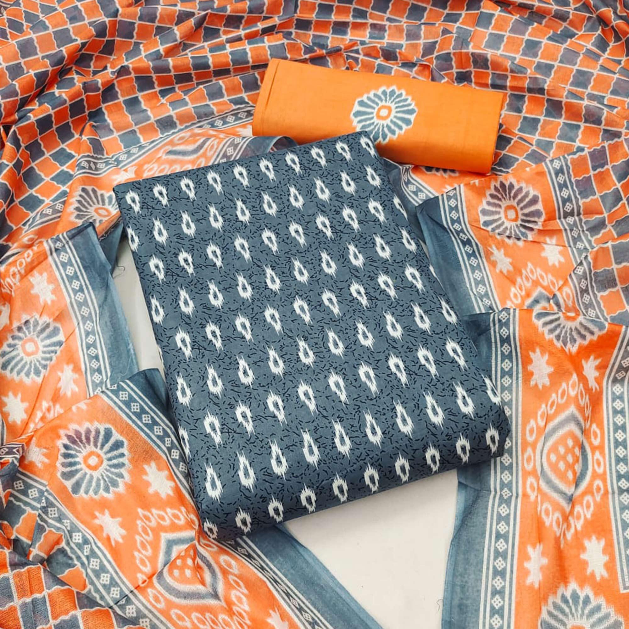 Grey Ikkat Printed Pure Cotton Dress Material - Peachmode