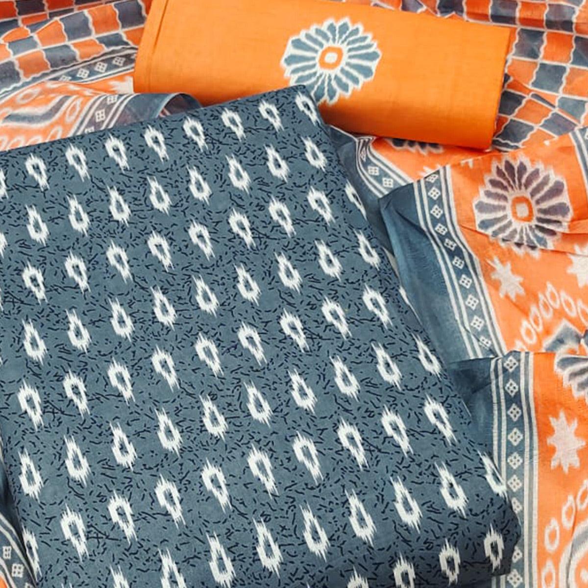 Grey Ikkat Printed Pure Cotton Dress Material - Peachmode