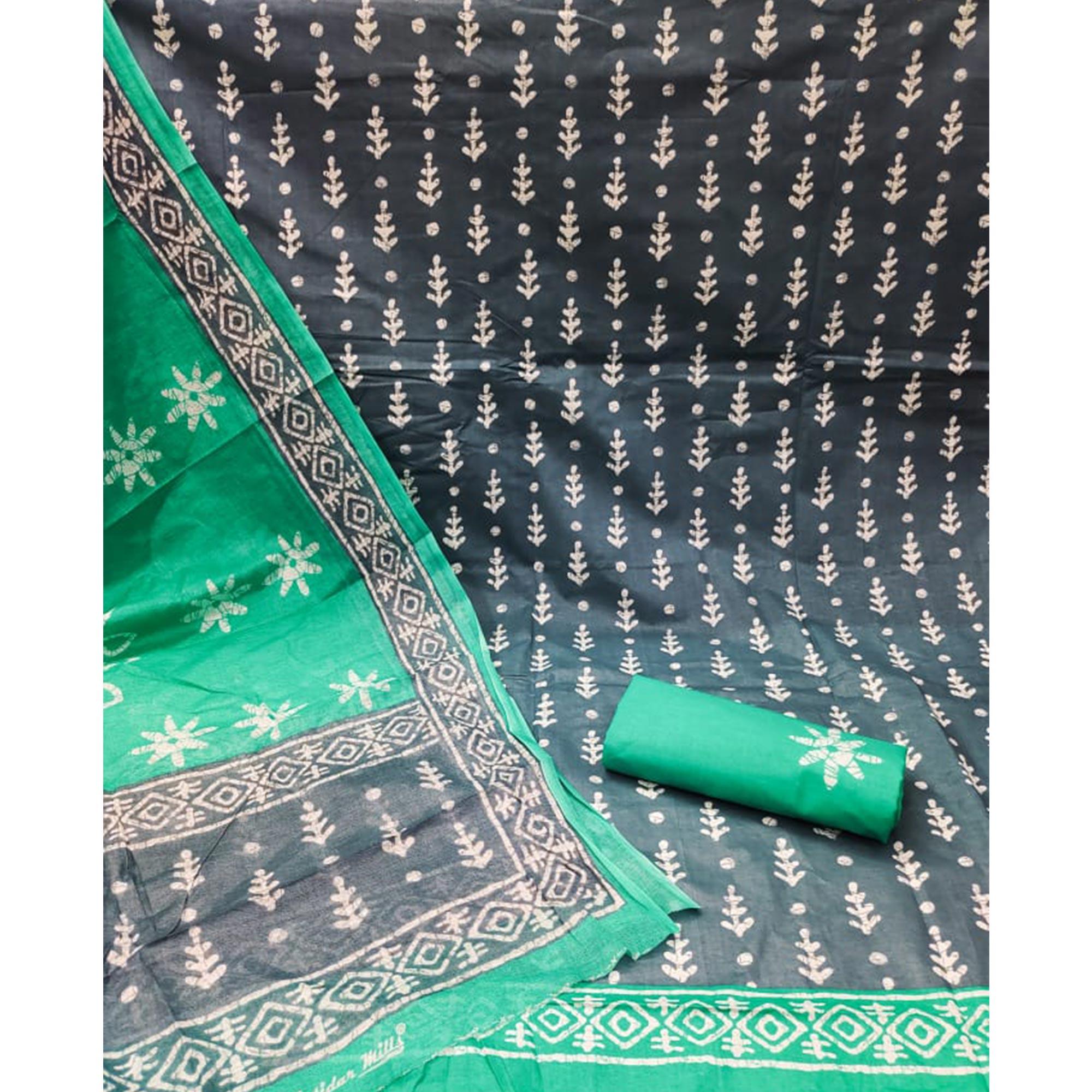 Grey Ikkat Printed Pure Cotton Dress Material - Peachmode