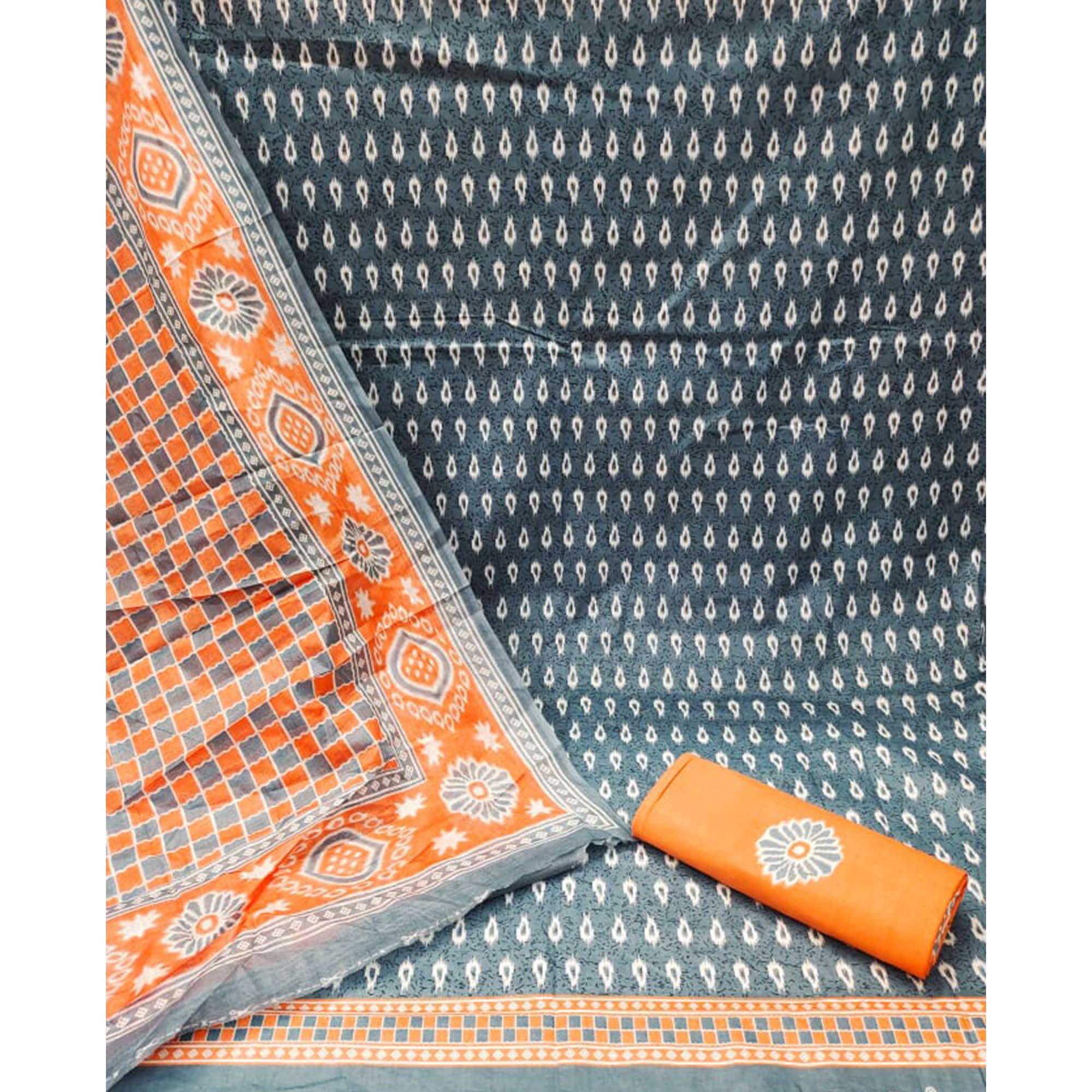 Grey Ikkat Printed Pure Cotton Dress Material - Peachmode