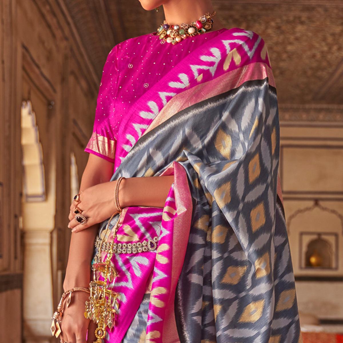 Grey Ikkat Printed-Woven Patola Art Silk Saree - Peachmode