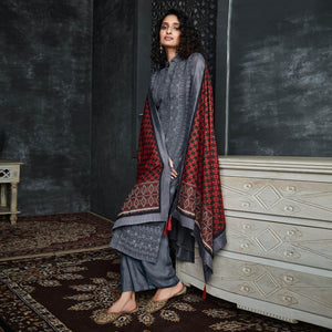 Grey Lakhnavi Embroidery Georgette Partywear Palazzo Suit - Peachmode