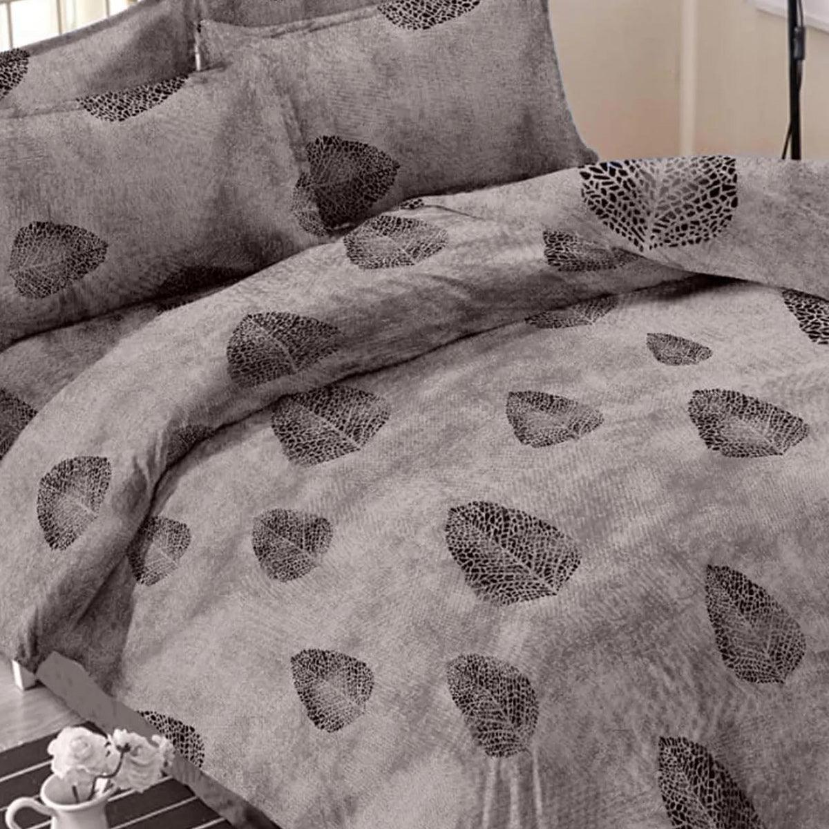 Grey Leaf Printed Cotton Double Bedsheet With Pillow Cover - Peachmode