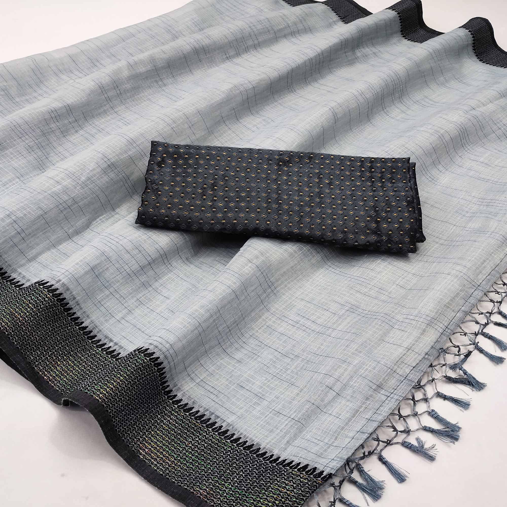 Grey lining Pattern Poly Cotton Saree - Peachmode