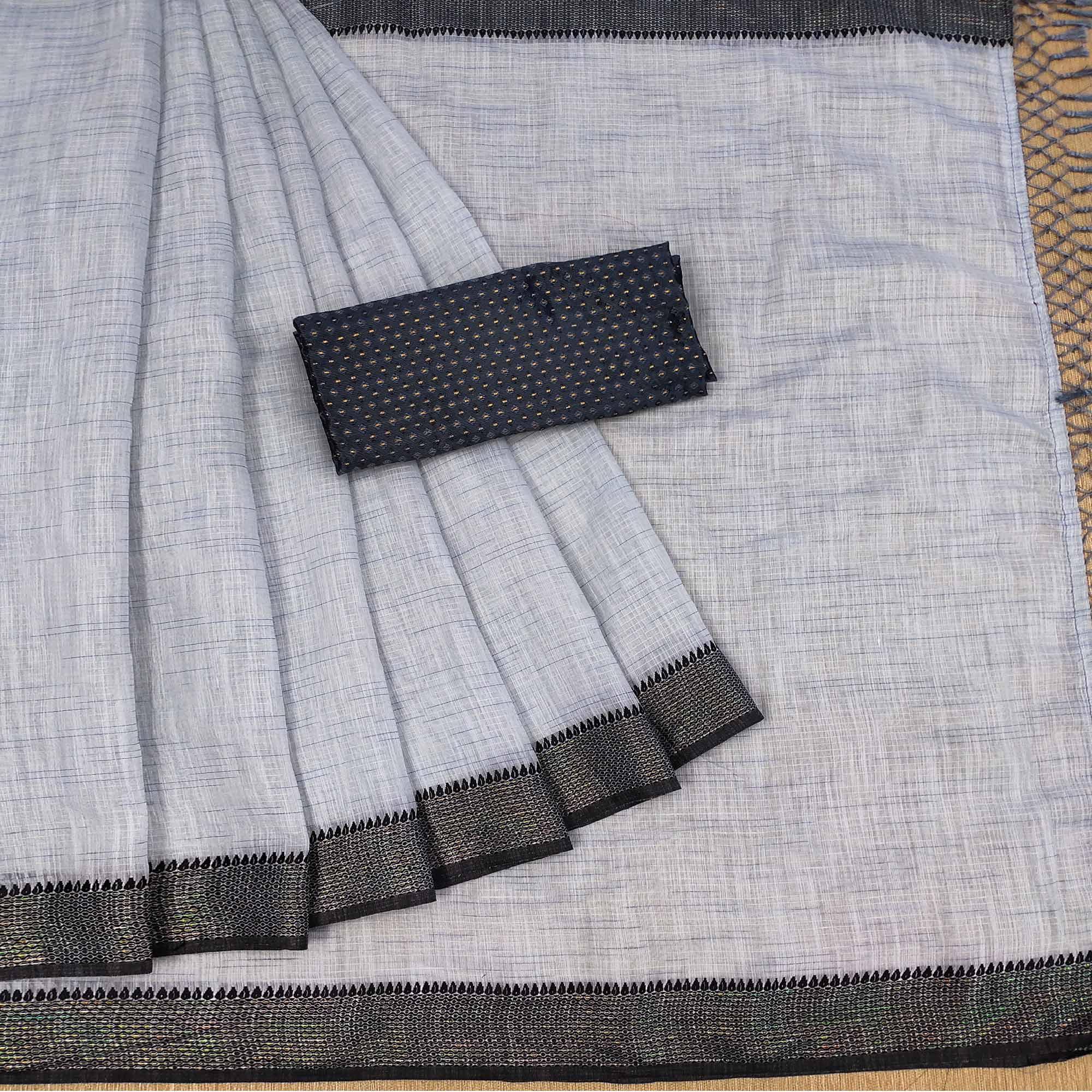 Grey lining Pattern Poly Cotton Saree - Peachmode