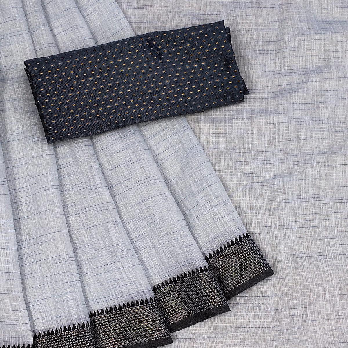 Grey lining Pattern Poly Cotton Saree - Peachmode