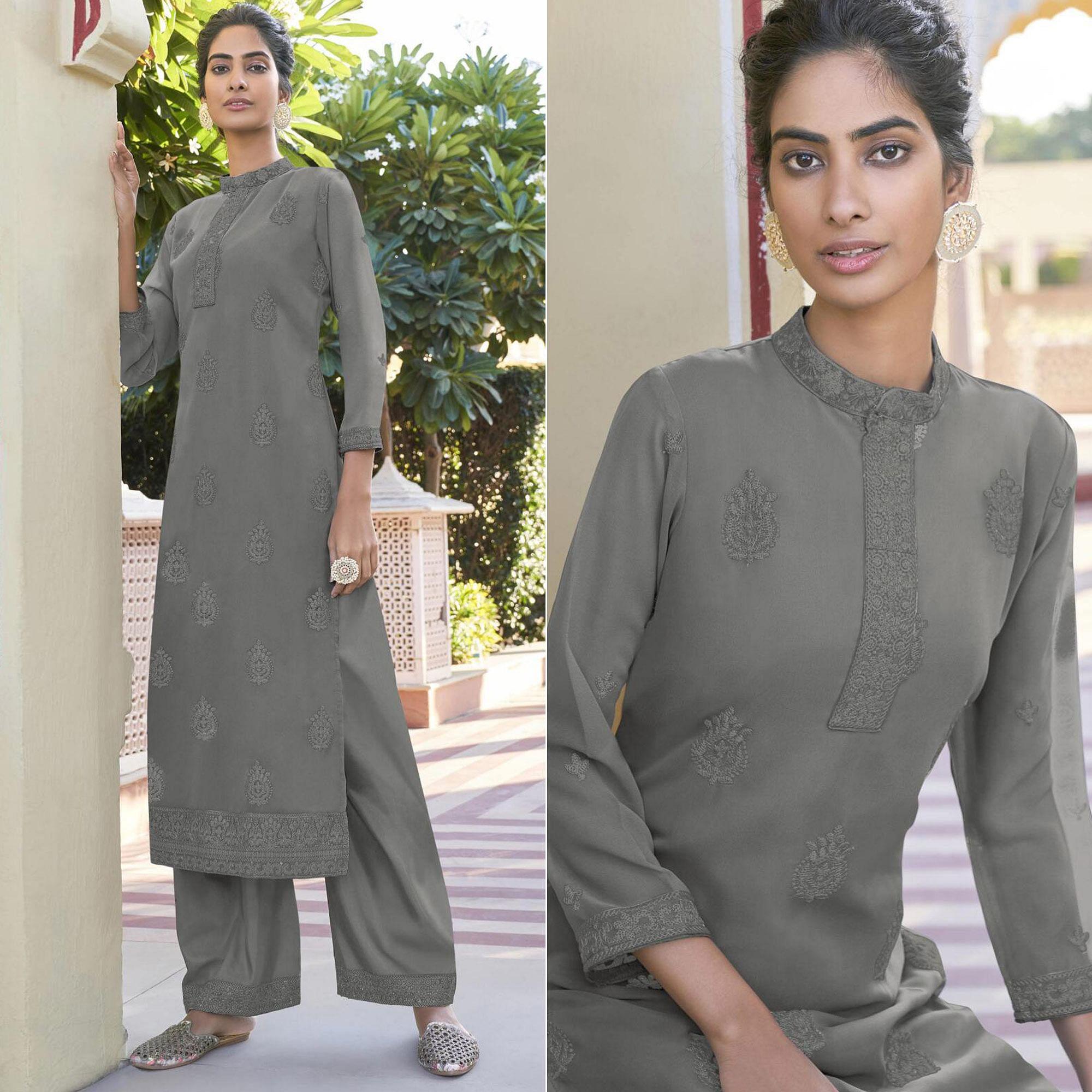 Grey Lucknowi Embroidered Georgette Kurti Palazzo Set - Peachmode