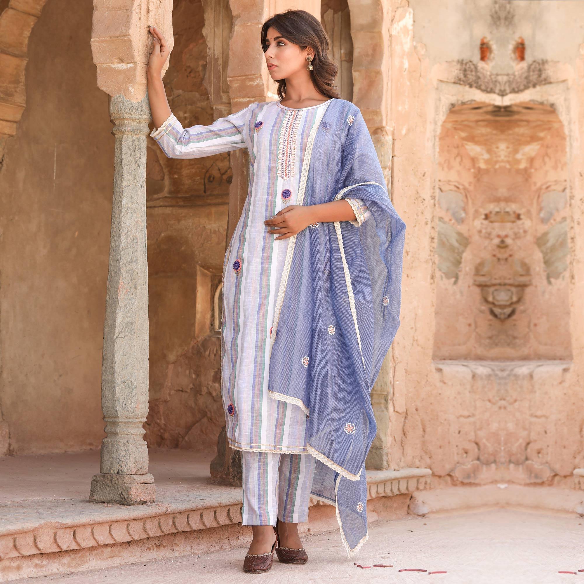 Grey - Multicolor Casual Wear Stripe Printed Cotton Kurti - Pant Set With Dupatta - Peachmode