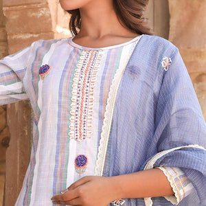 Grey - Multicolor Casual Wear Stripe Printed Cotton Kurti - Pant Set With Dupatta - Peachmode