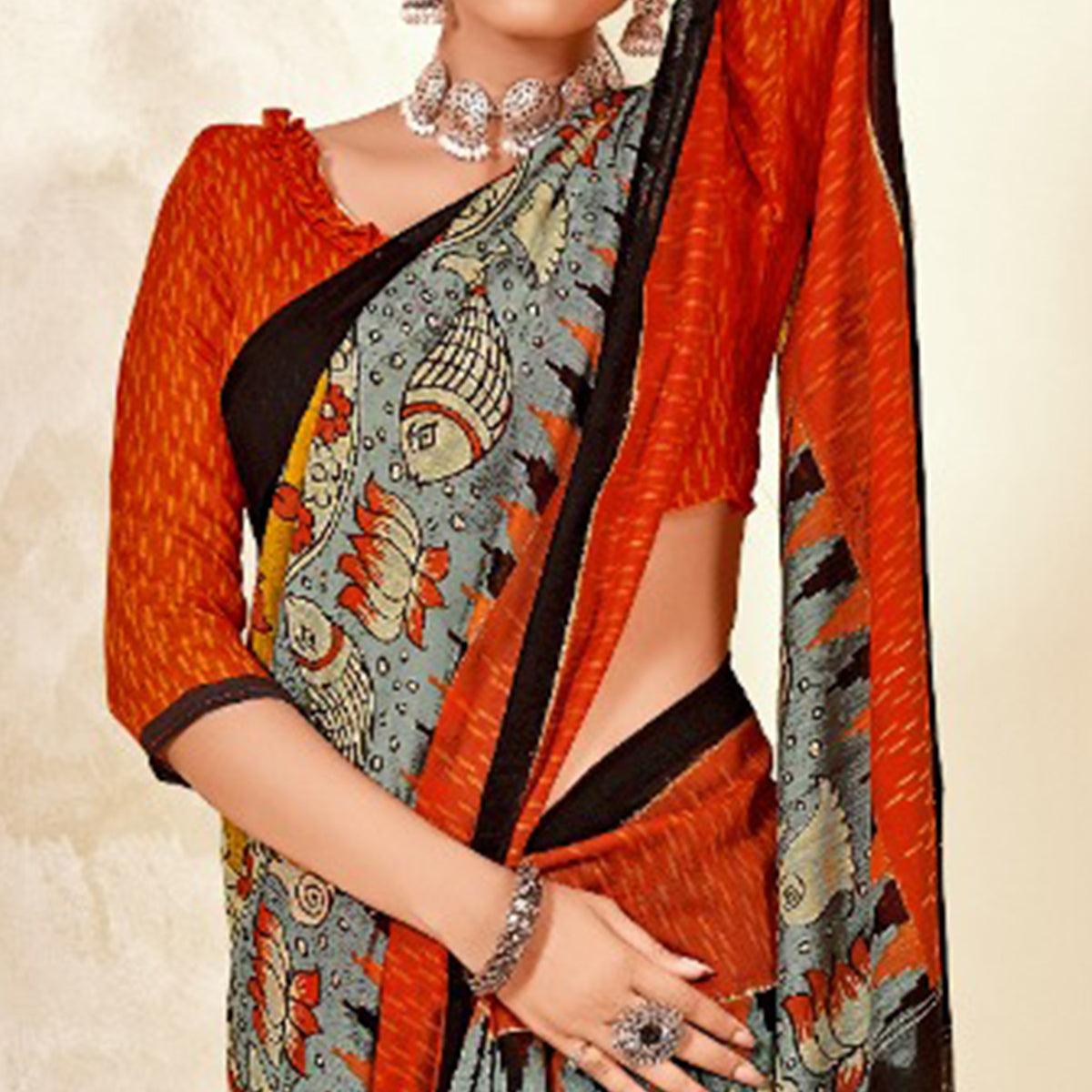 Grey-Mustard Floral Printed Poly Cotton Saree - Peachmode