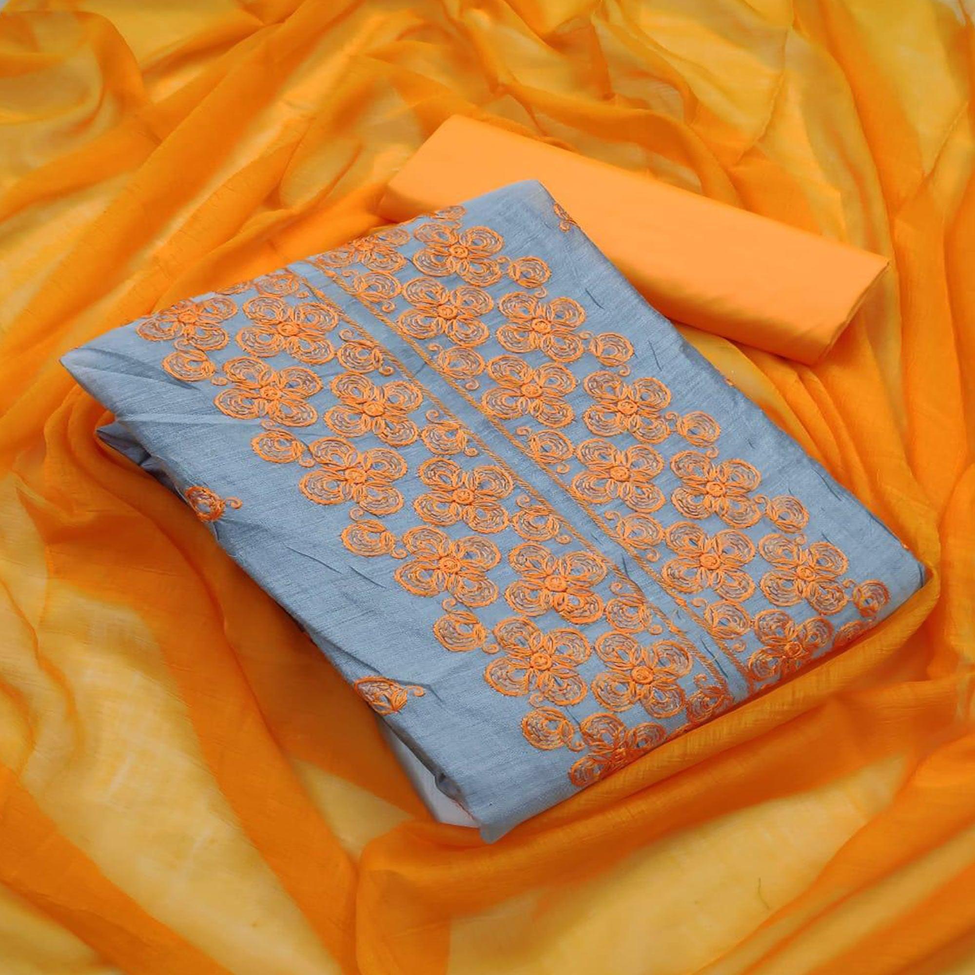 Grey - Orange Embroidered Chanderi Dress Material - Peachmode