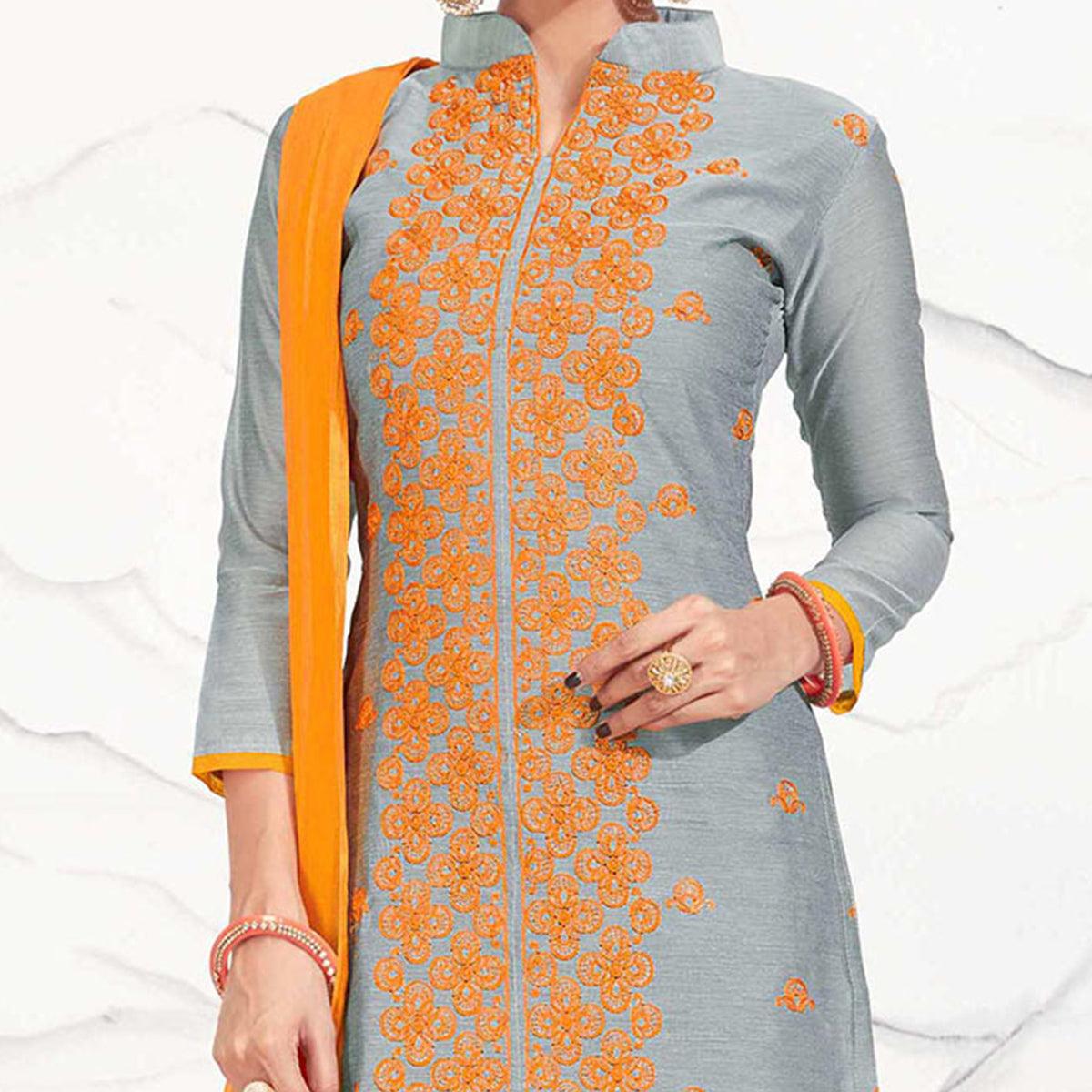 Grey - Orange Embroidered Chanderi Dress Material - Peachmode