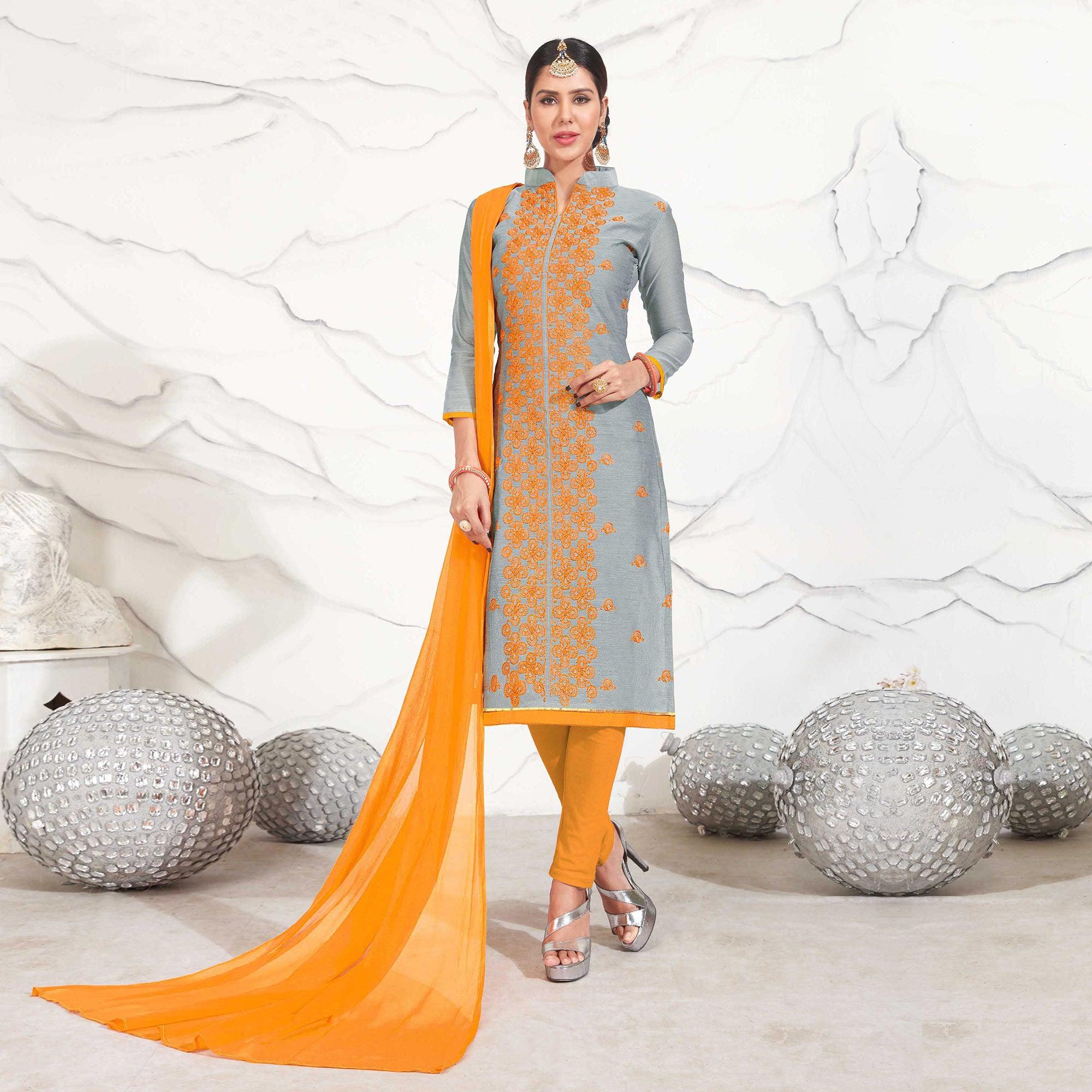 Grey - Orange Embroidered Chanderi Dress Material - Peachmode