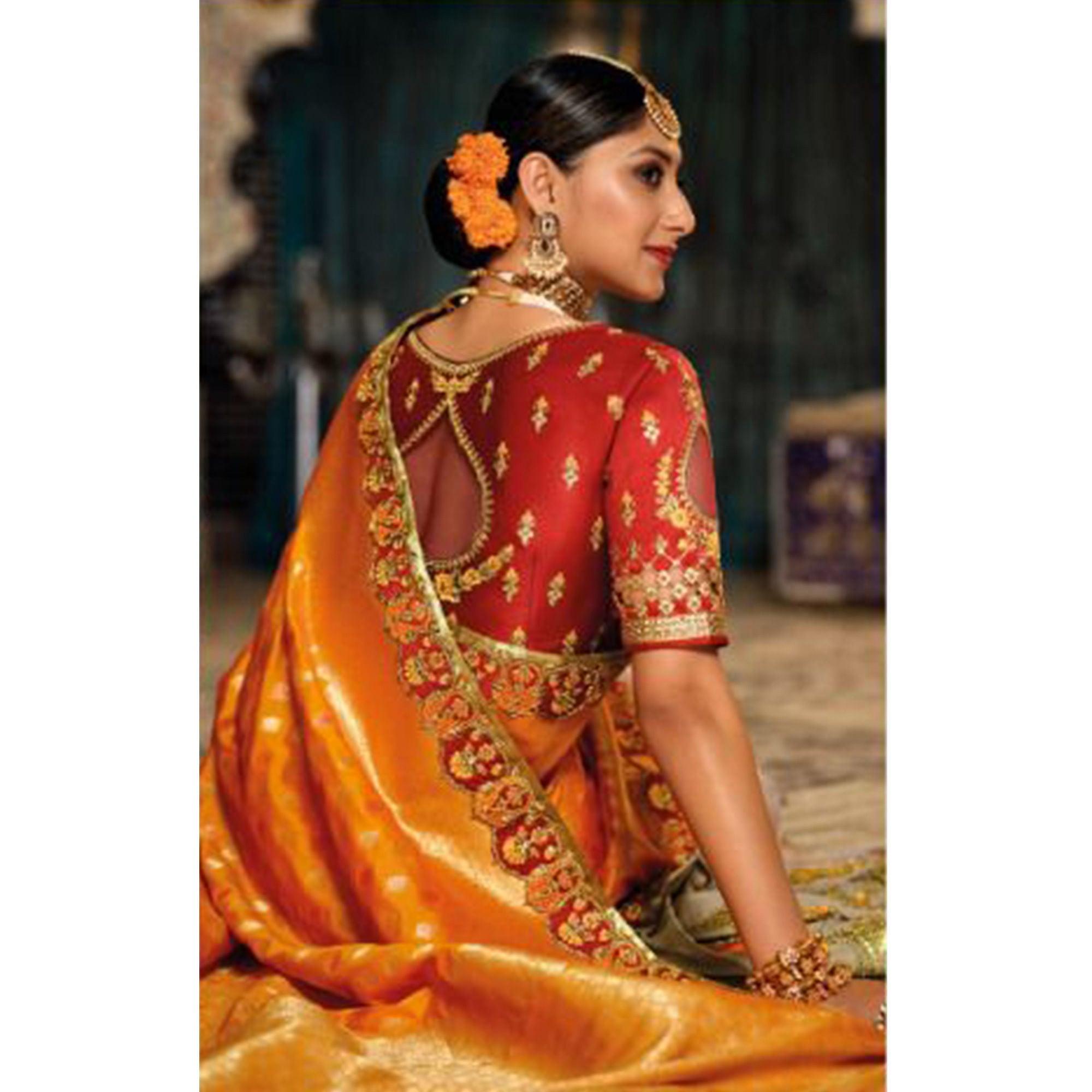 Grey-Orange Festive Wear Woven Banarasi Silk Half & Half Saree - Peachmode
