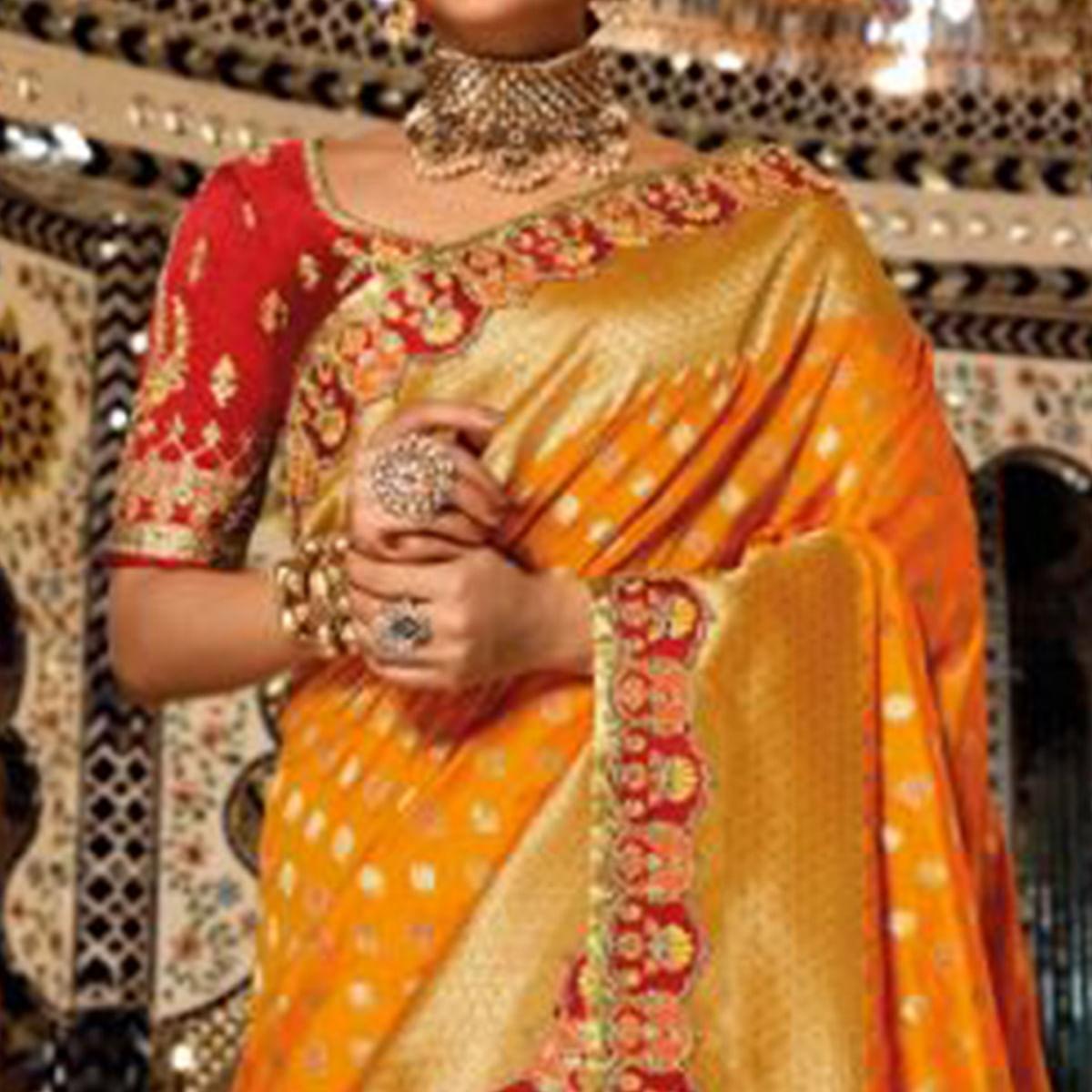 Grey-Orange Festive Wear Woven Banarasi Silk Half & Half Saree - Peachmode