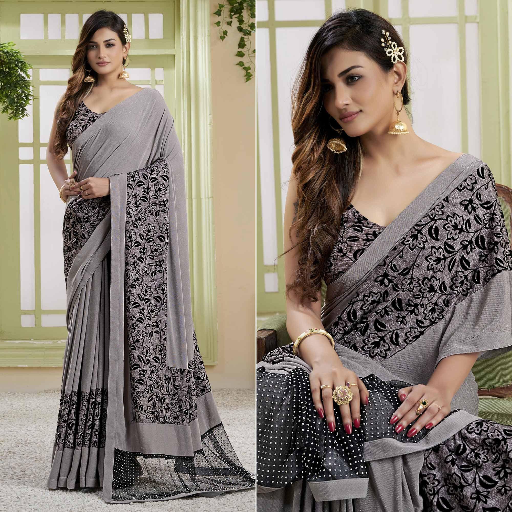 Grey Party Wear Embellished Lycra Saree - Peachmode