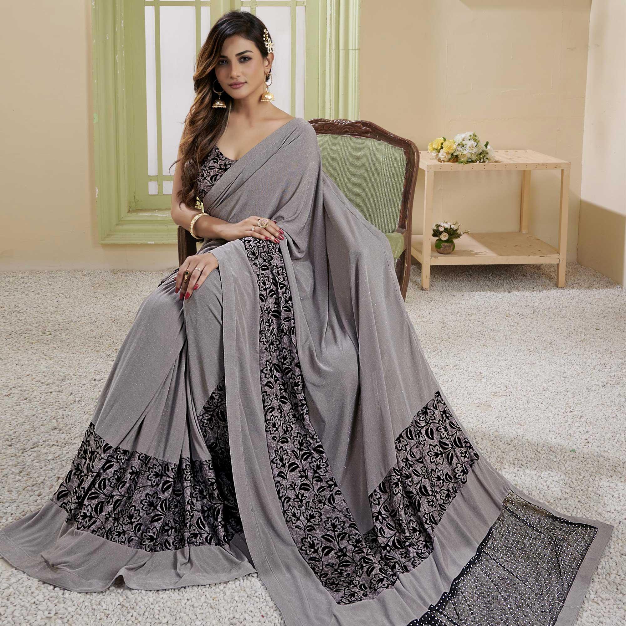 Grey Party Wear Embellished Lycra Saree - Peachmode