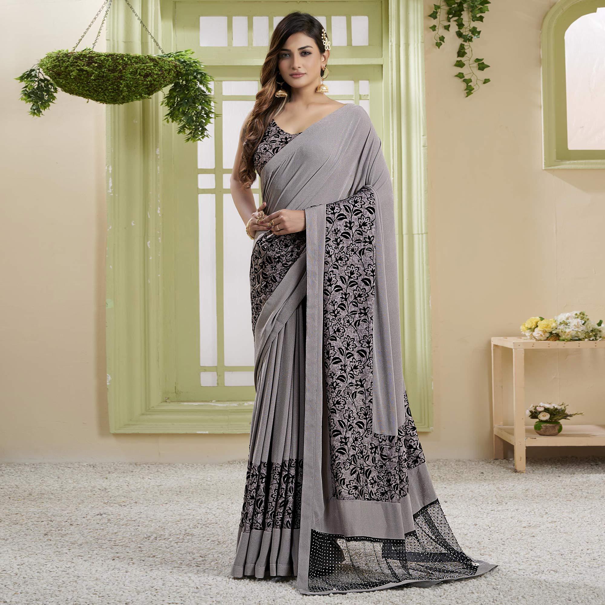 Grey Party Wear Embellished Lycra Saree - Peachmode