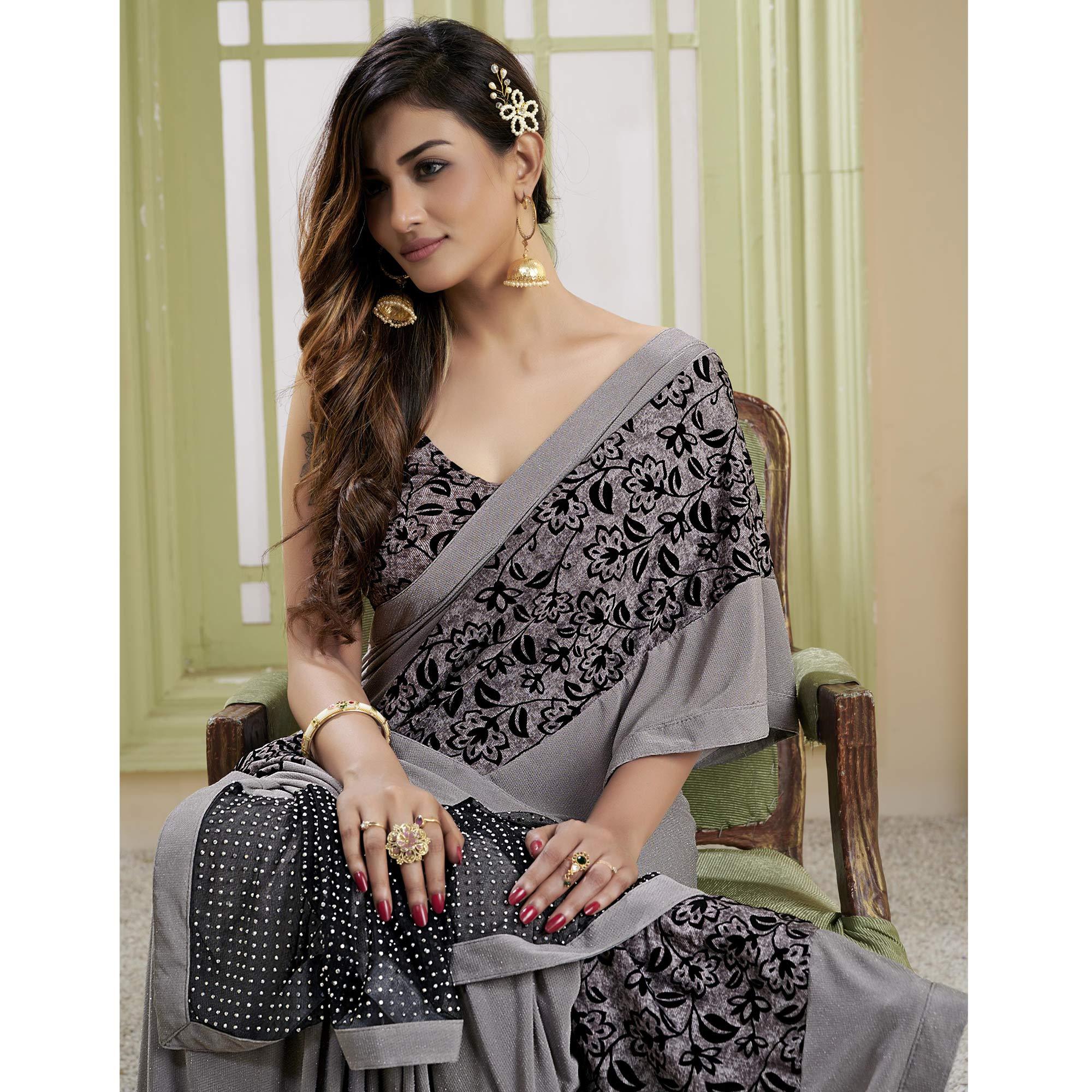 Grey Party Wear Embellished Lycra Saree - Peachmode