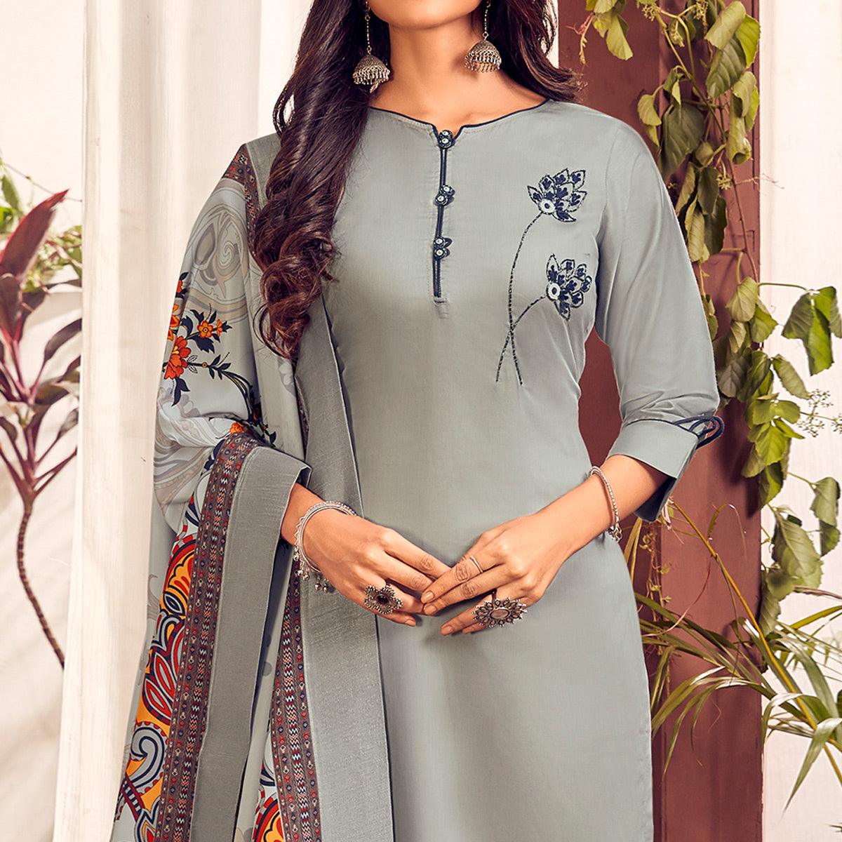 Grey Party Wear Embroidered Cotton Kurti Pant Set With Dupatta - Peachmode