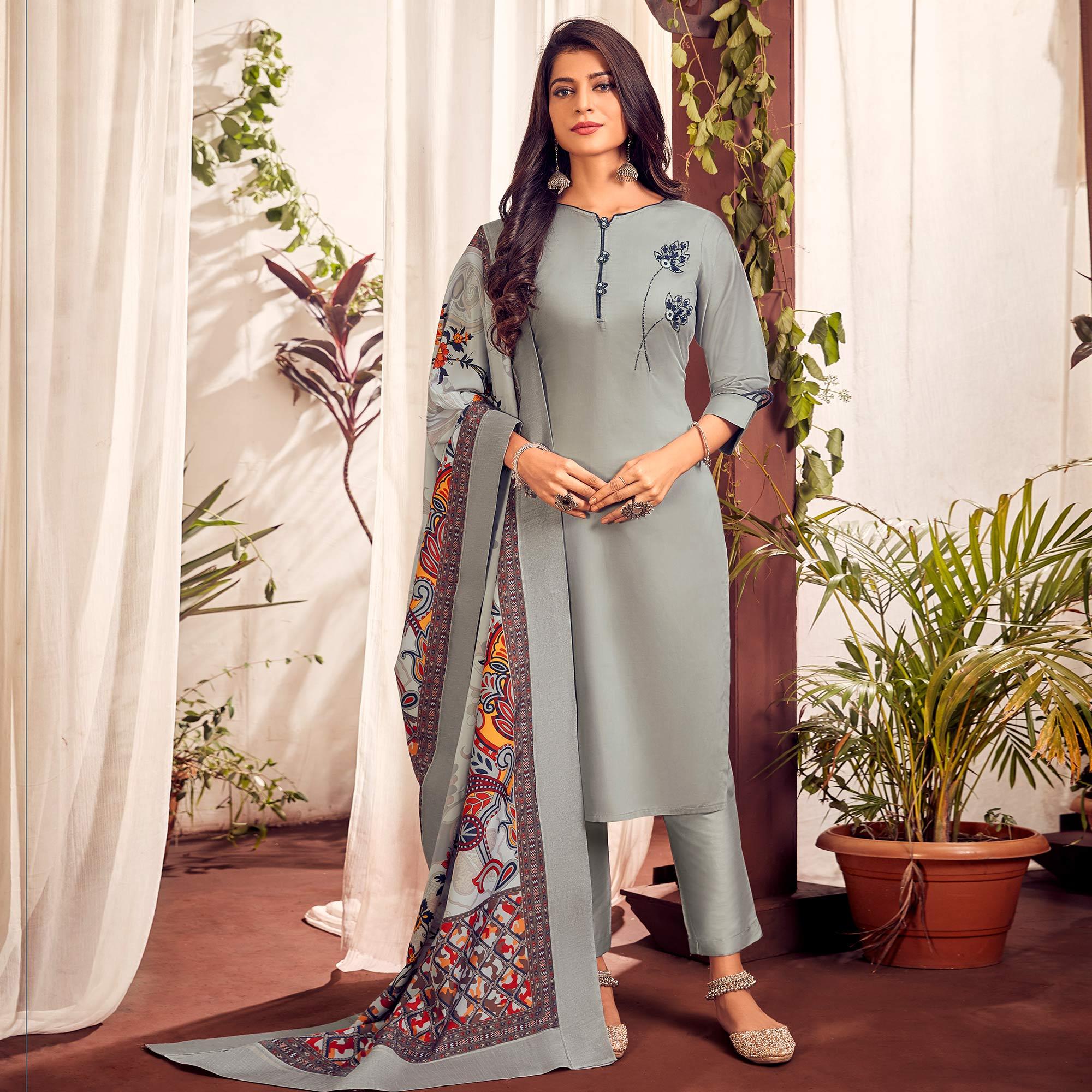 Grey Party Wear Embroidered Cotton Kurti Pant Set With Dupatta - Peachmode