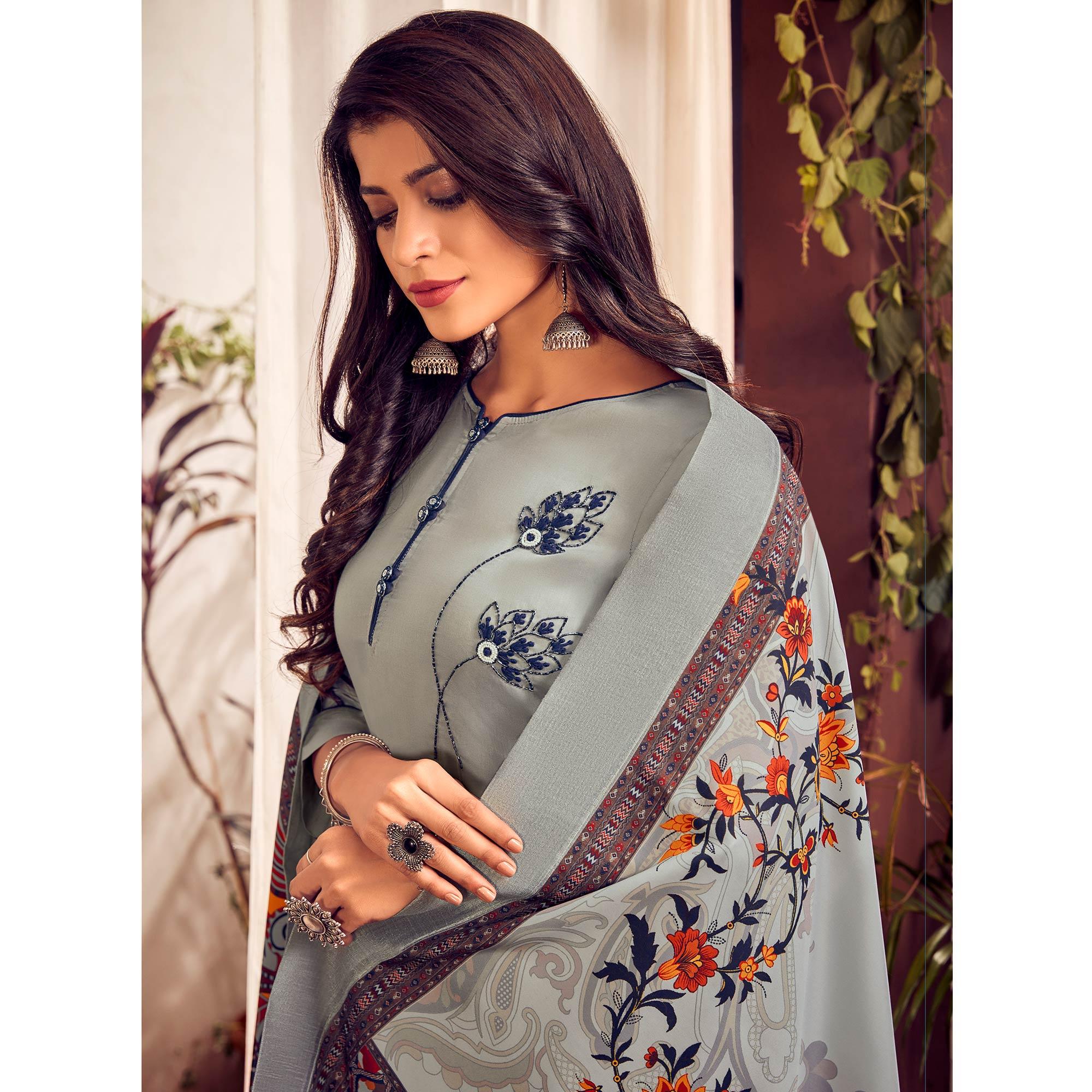 Grey Party Wear Embroidered Cotton Kurti Pant Set With Dupatta - Peachmode