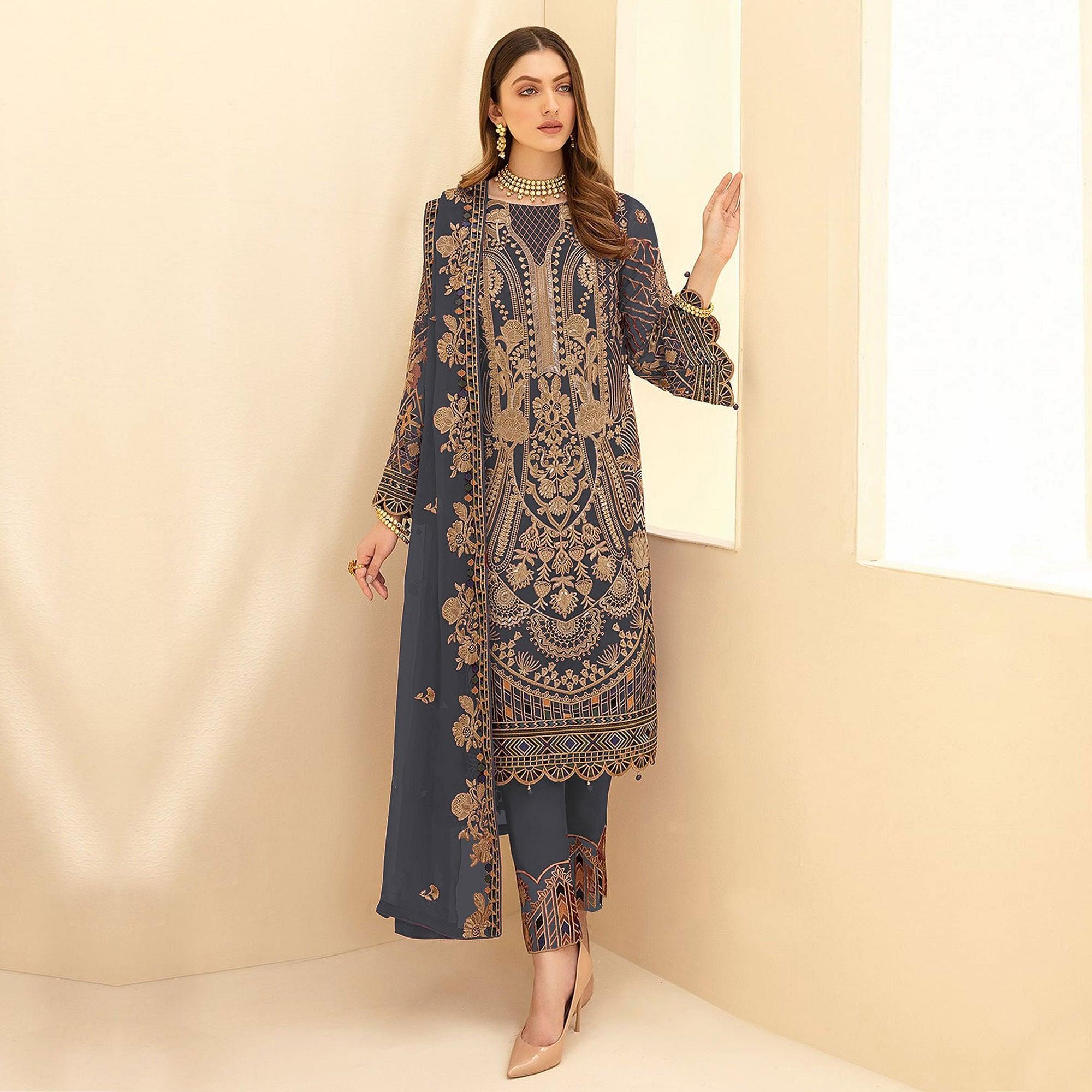 Grey Party Wear Embroidered Georgette Pakistani Suit - Peachmode