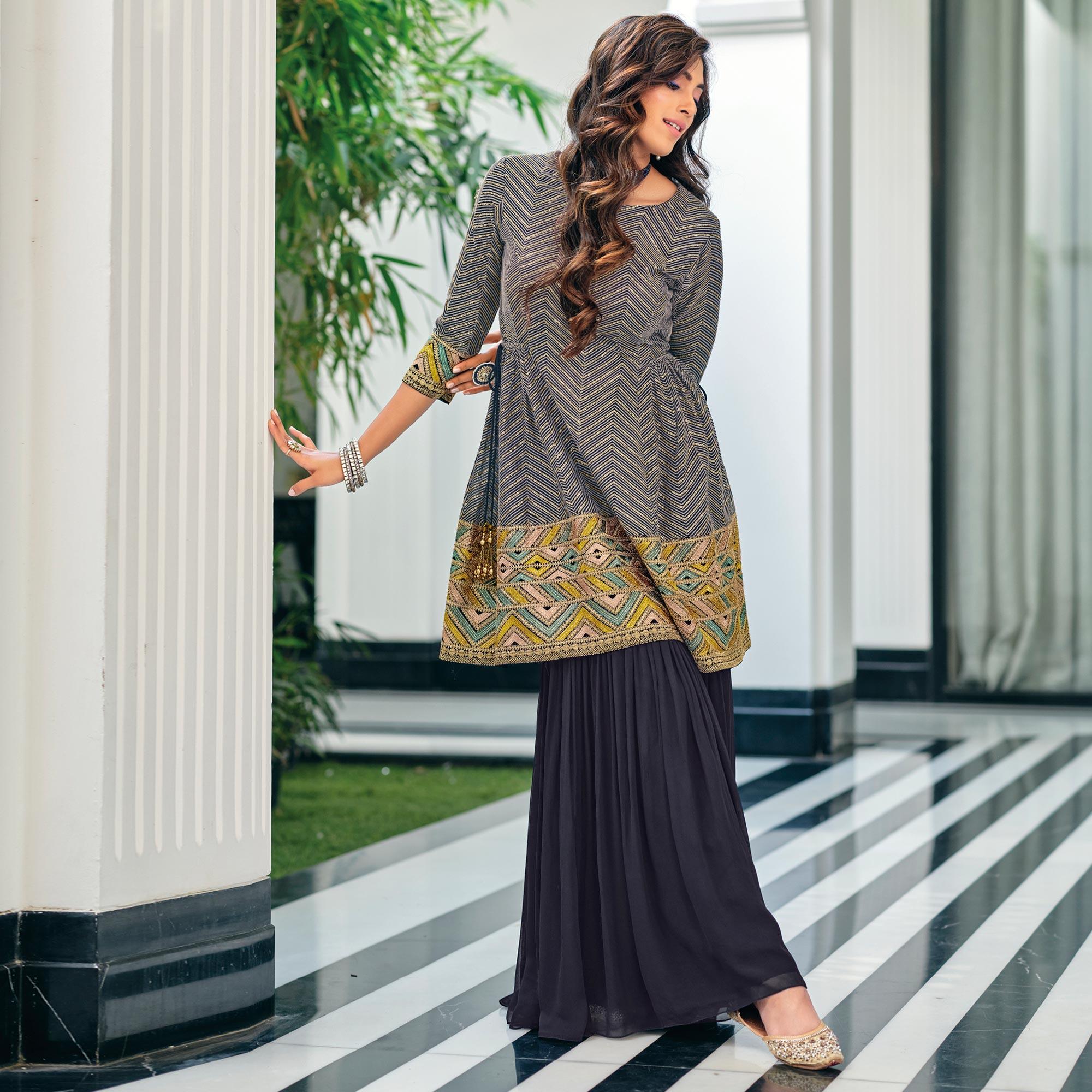 Grey Party Wear Embroidered Georgette Sharara Suit - Peachmode