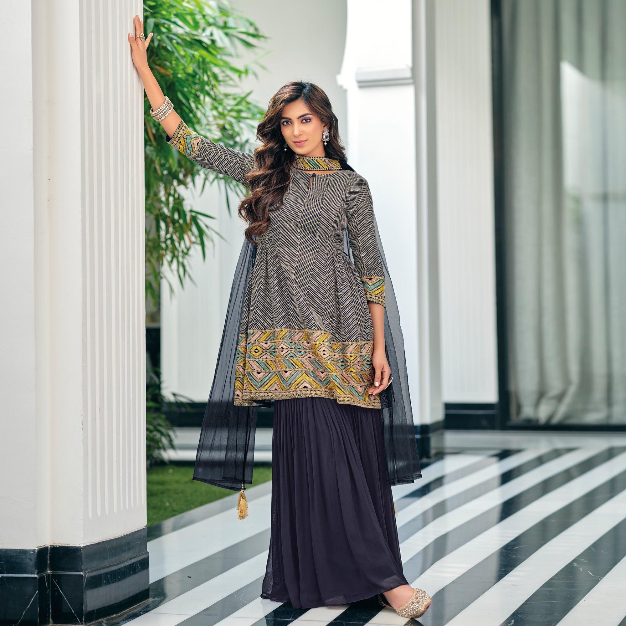 Grey Party Wear Embroidered Georgette Sharara Suit - Peachmode