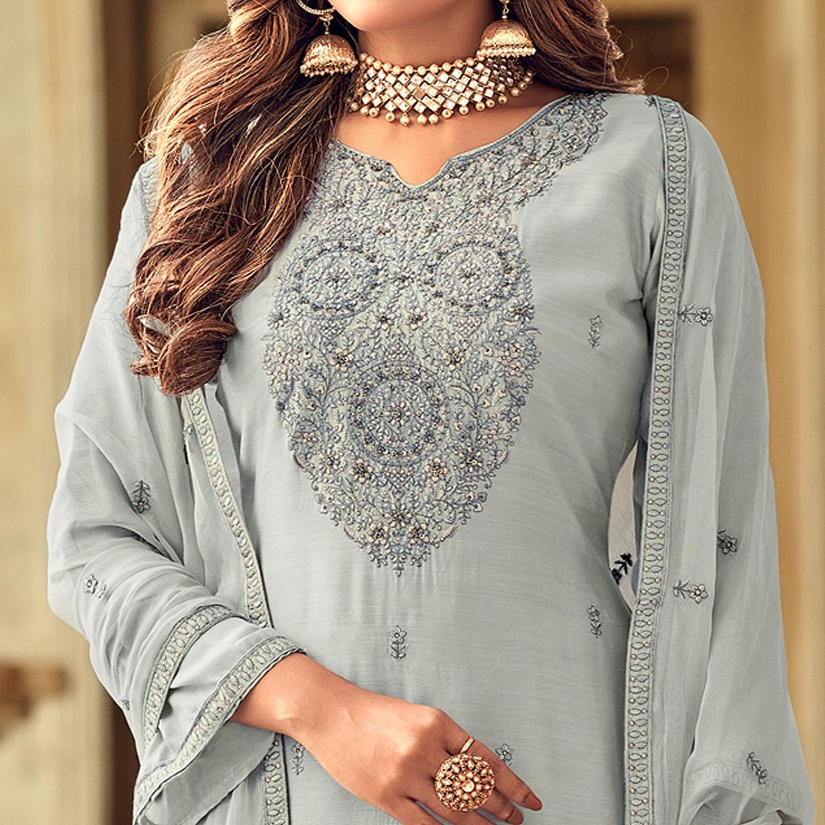 Grey Party Wear Embroidered Muslin Suit - Peachmode