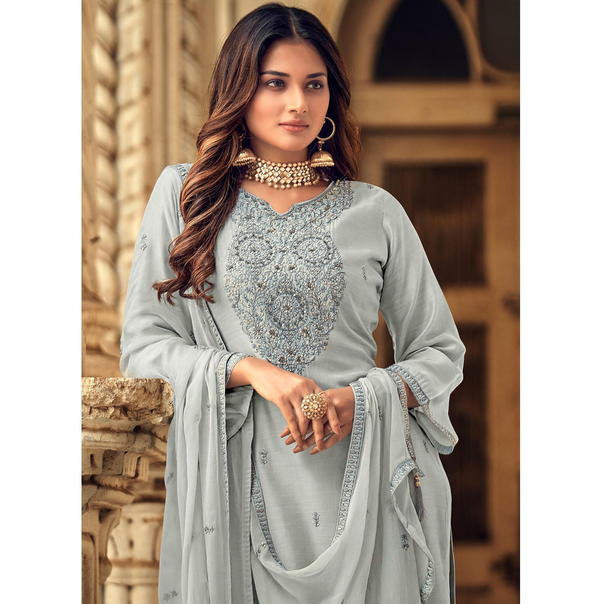 Grey Party Wear Embroidered Muslin Suit - Peachmode