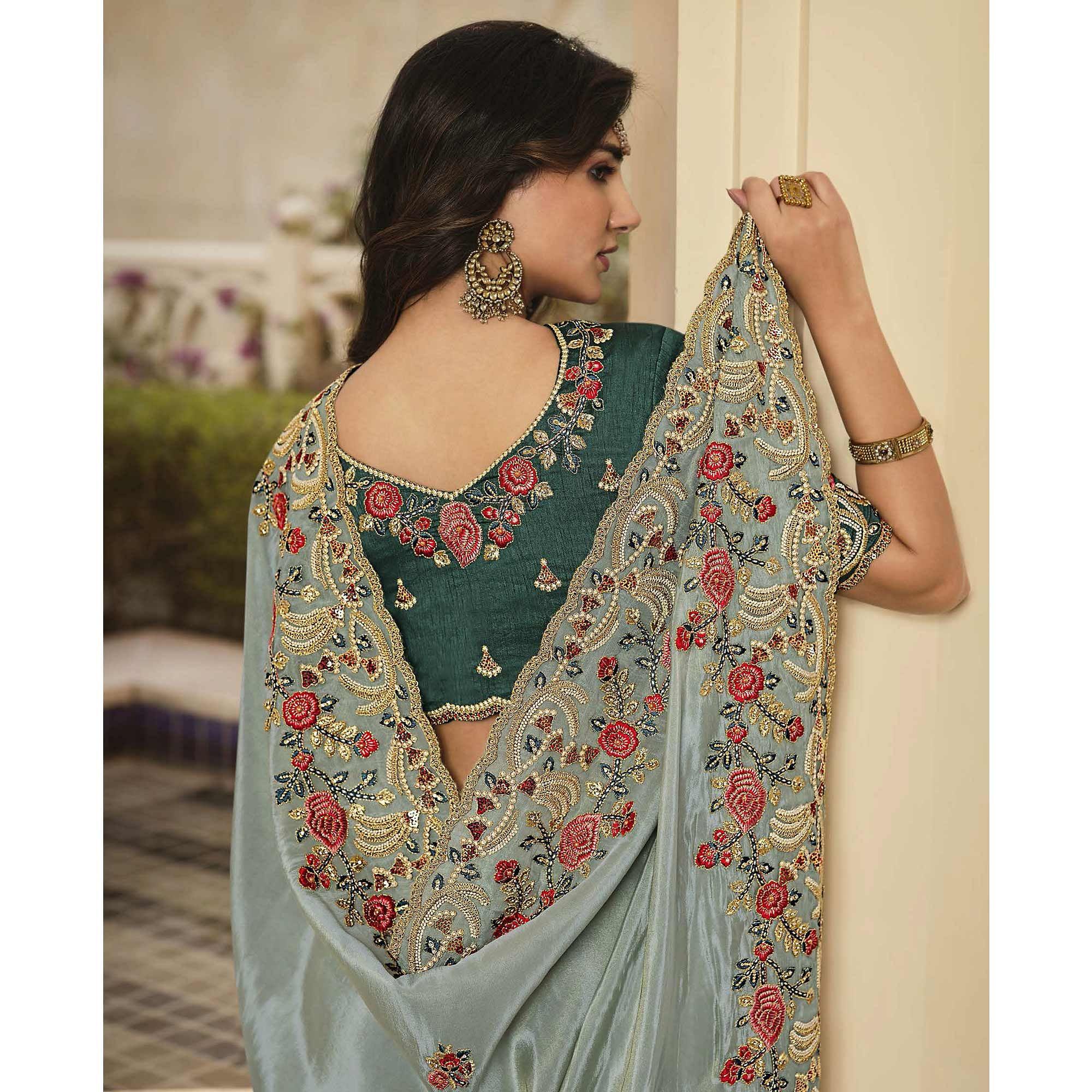 Grey Party Wear Embroidered Satin Saree - Peachmode