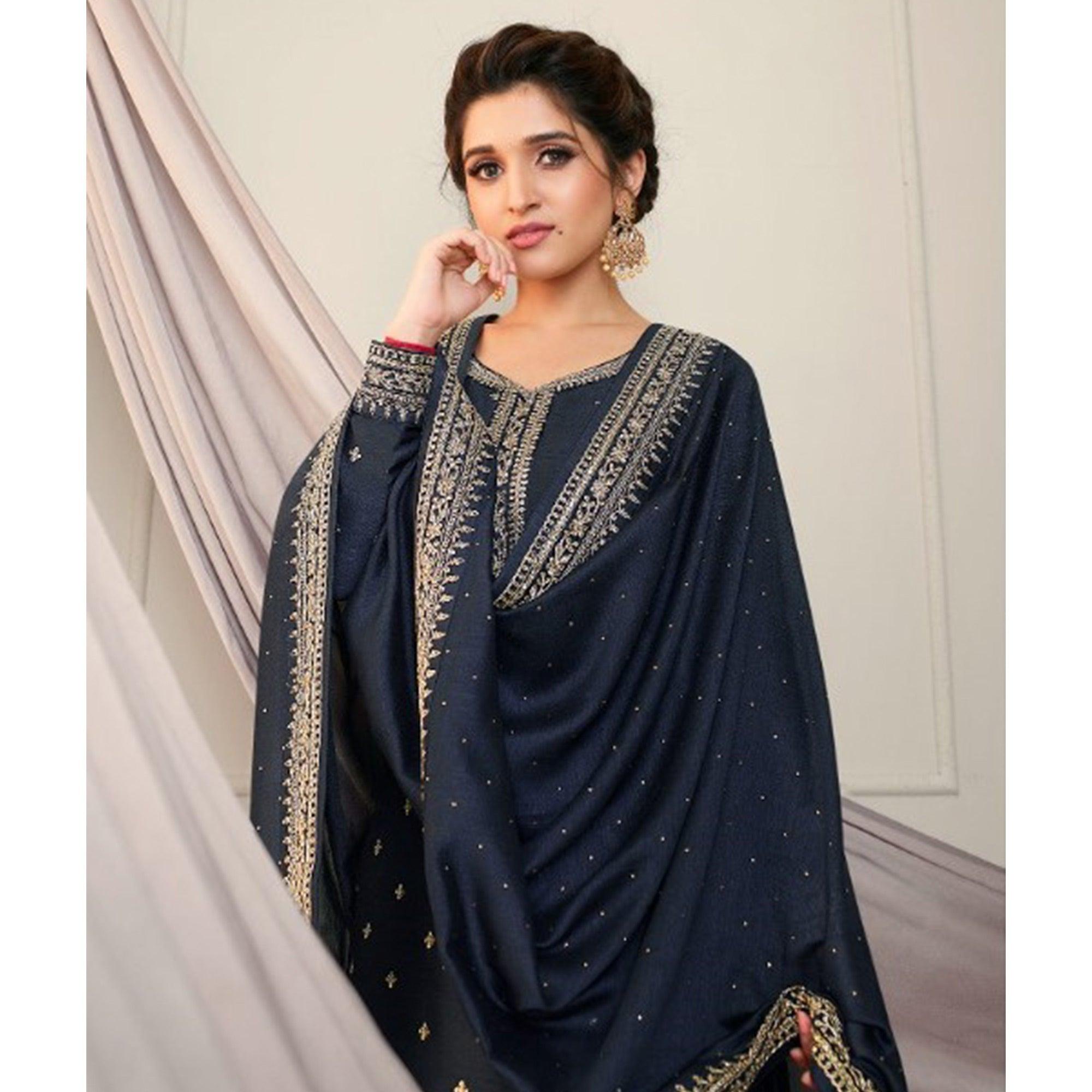 Grey Party Wear Embroidered Silk Georgette Palazzo Suit - Peachmode