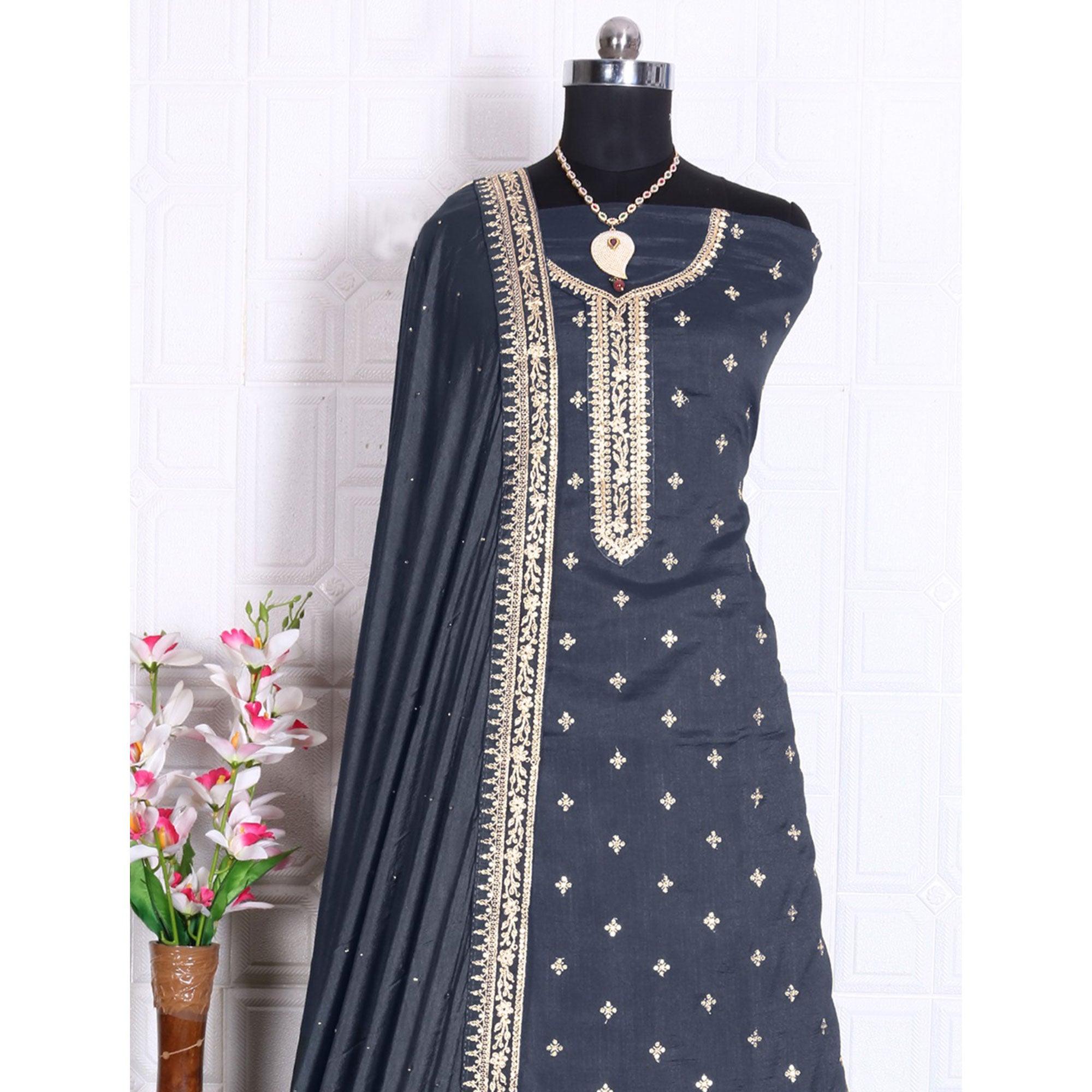 Grey Party Wear Embroidered Silk Georgette Palazzo Suit - Peachmode