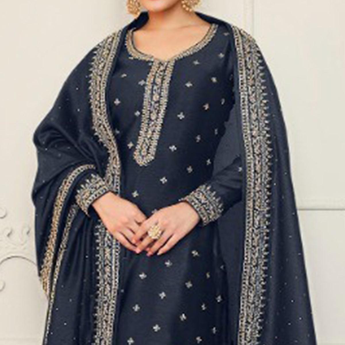 Grey Party Wear Embroidered Silk Georgette Palazzo Suit - Peachmode