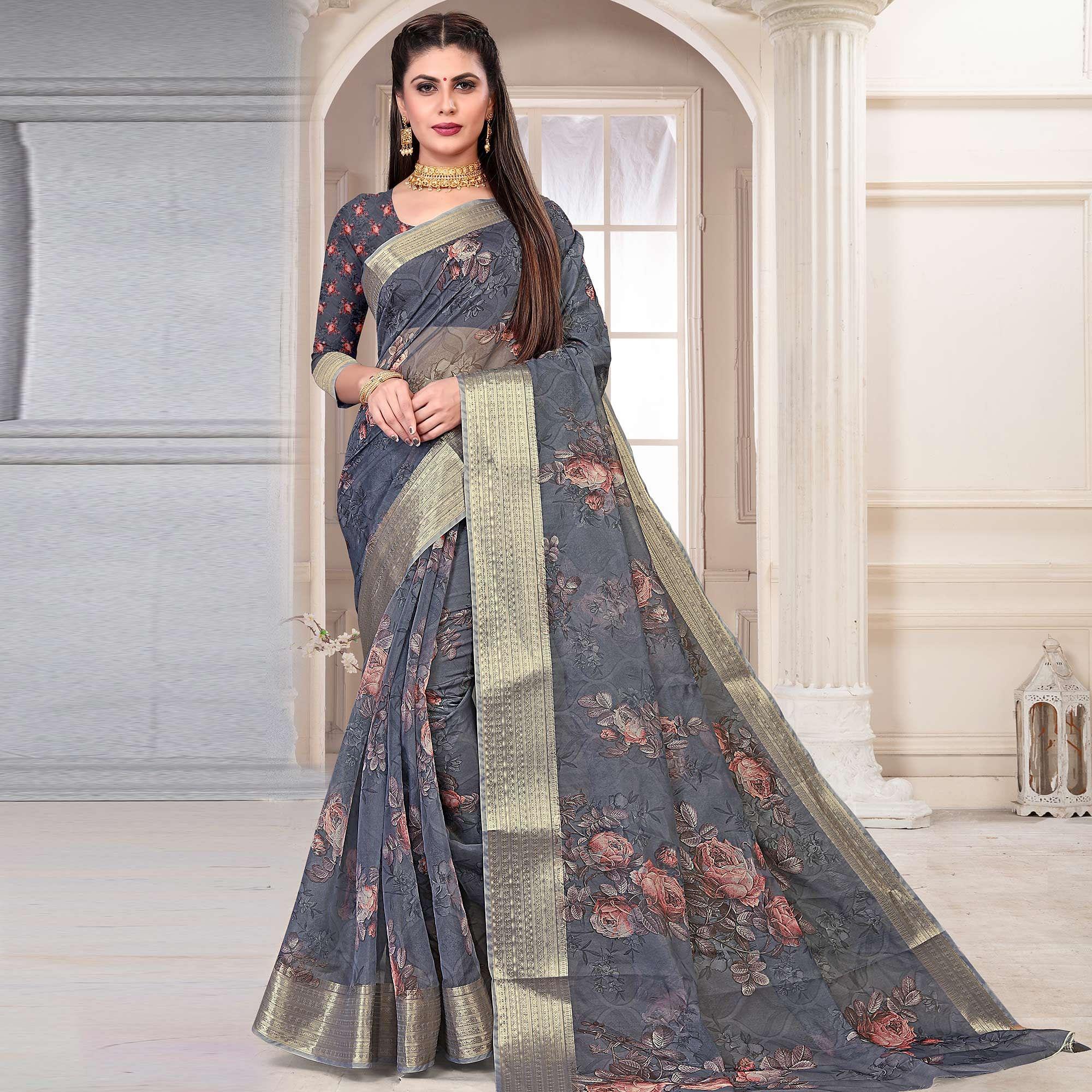 Grey Party Wear Floral Digital Printed With Jacquard Border Soft Georgette Saree - Peachmode