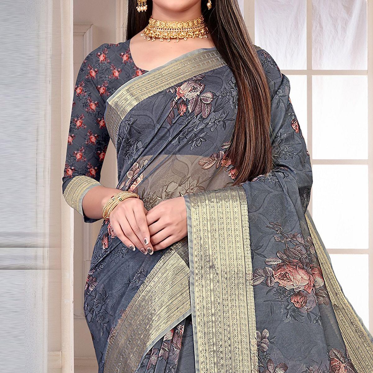 Grey Party Wear Floral Digital Printed With Jacquard Border Soft Georgette Saree - Peachmode