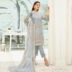 Grey Party Wear Floral Embroidered Georgette Straight Salwar Suit - Peachmode