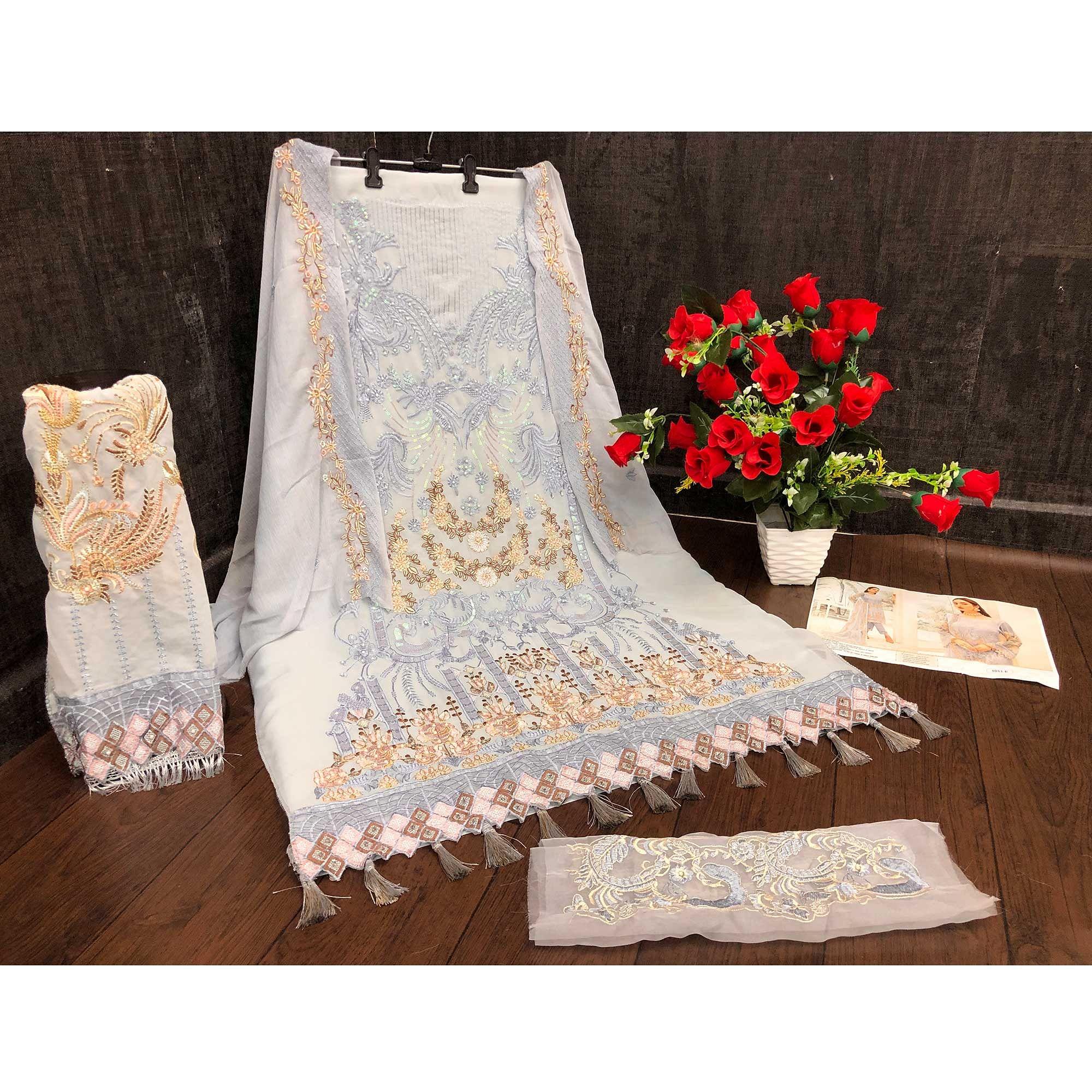 Grey Party Wear Floral Embroidered Georgette Straight Salwar Suit - Peachmode