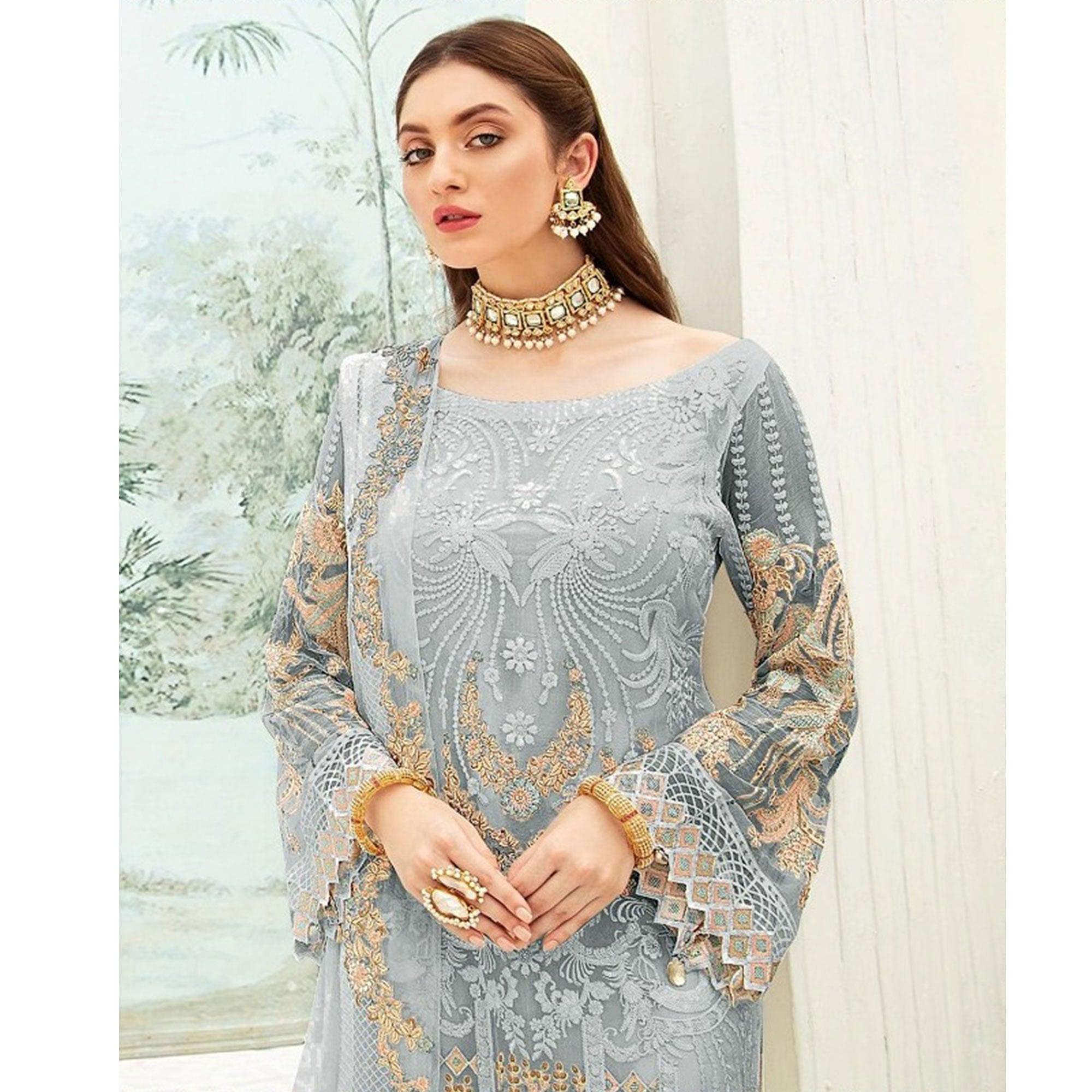 Grey Party Wear Floral Embroidered Georgette Straight Salwar Suit - Peachmode