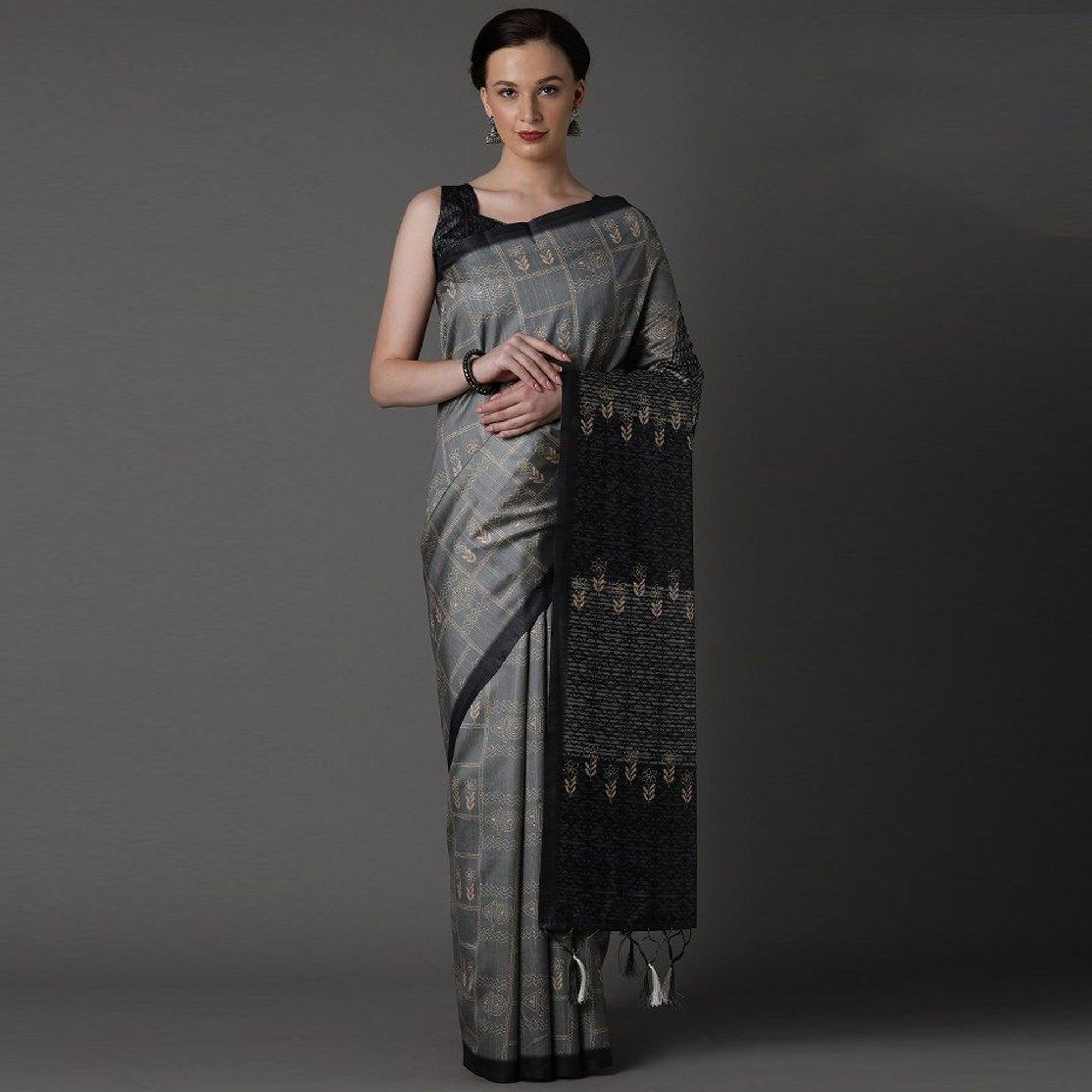 Grey Party Wear Satin Printed Saree With Unstitched Blouse - Peachmode